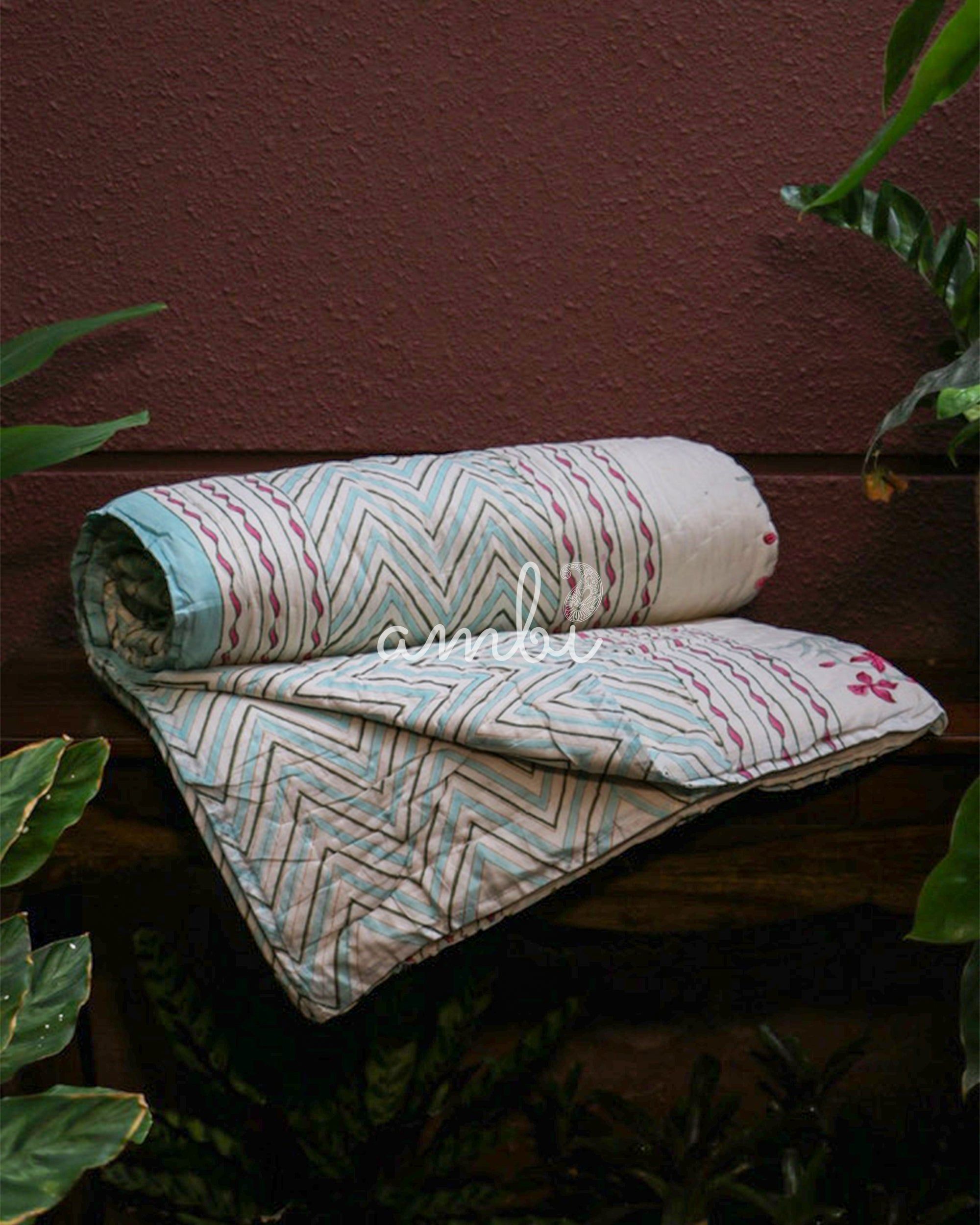 2026 Collection - Red Lily Hand Block Printed Jaipuri Rajai / Quilt- Double - 90X108 Inches