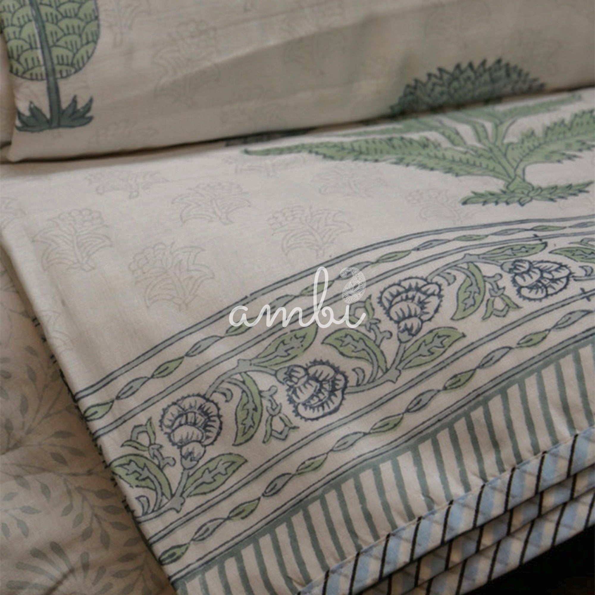 2026 Collection - Light Blue Jaipuri Floral Mulmul Triple Layer Reversible Dohar (Single Bed, Pair of 2) - 60X90 Inches