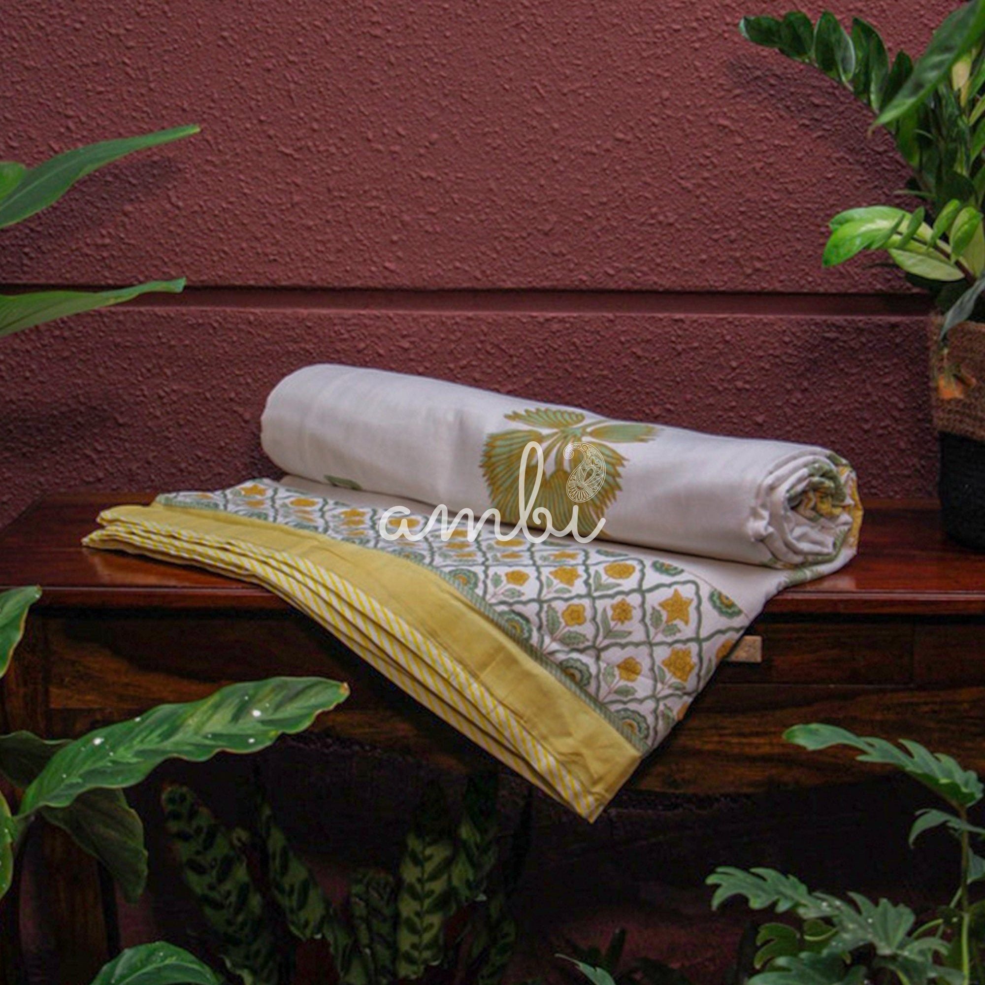 2026 Collection - Jaipuri Yellow Floral Mulmul Triple Layer Reversible Dohar (Double Bed) - 90X108 Inches