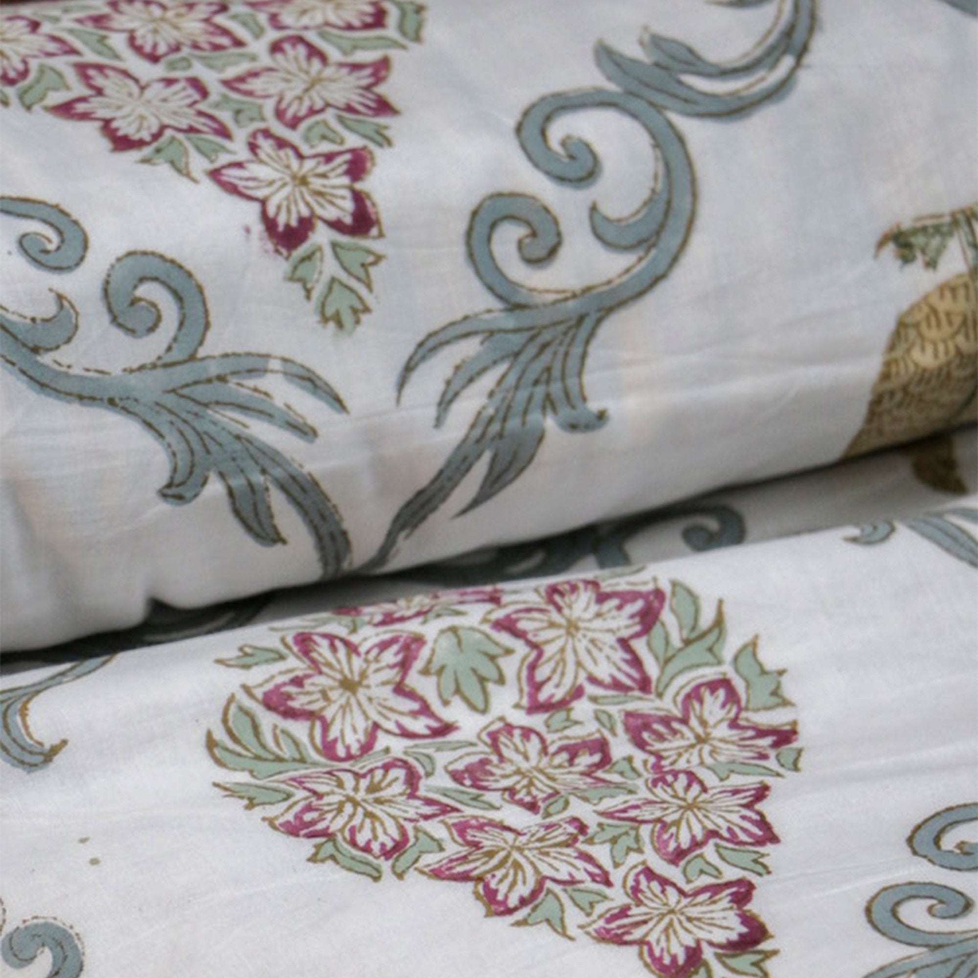 2026 Collection - White Floral Jaipuri Floral Mulmul Triple Layer Reversible Dohar (Single Bed, Pair of 2) - 60X90 Inches