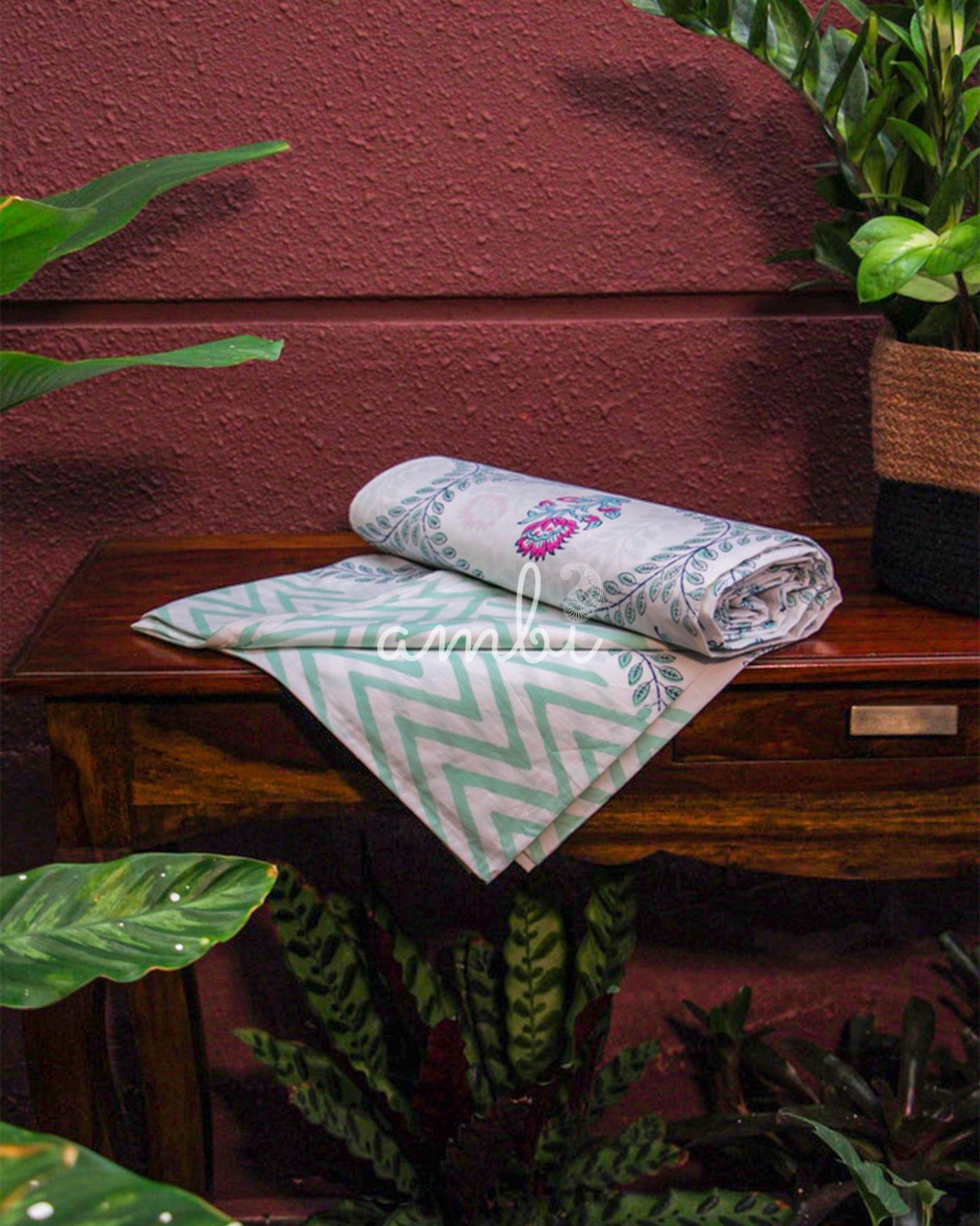 2026 Collection - Bedsheet - Pink Blossom Jaipuri Hand Block Pure Cotton Parkhel Print Double Bedsheet with 2 Pillow Covers - 108X108 Inches