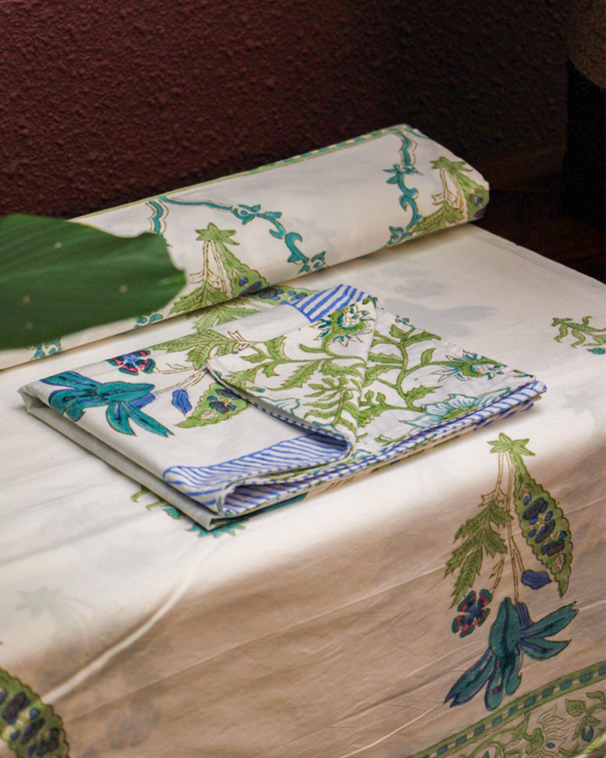 2026 Collection - Bed Sheet - Blue Blossom Jaipuri Hand Block Pure Cotton Parkhel Print Double Bedsheet with 2 Pillow Covers - 90X108 Inches