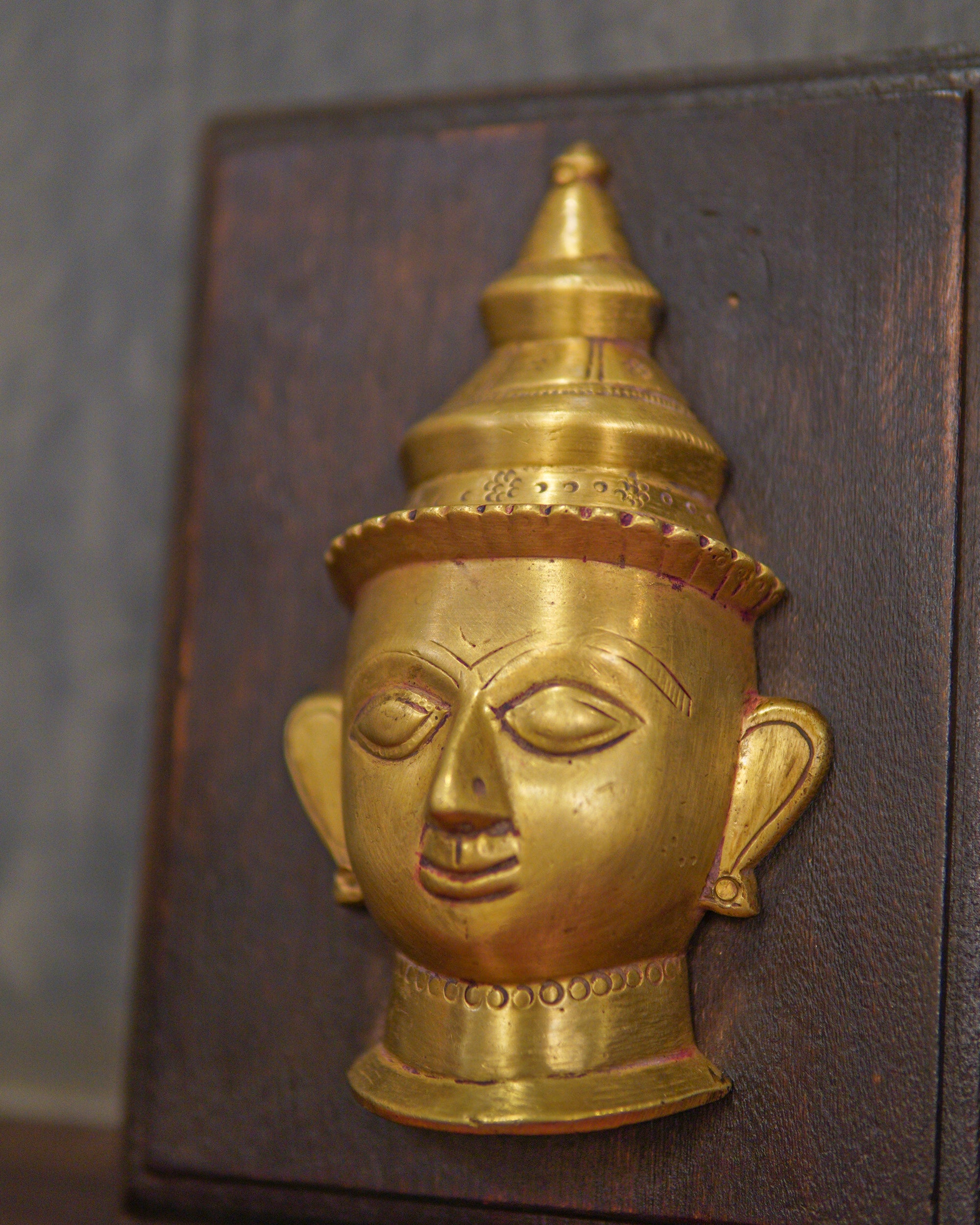 Handcrafted Buddha Brass Head on Wood Frame
