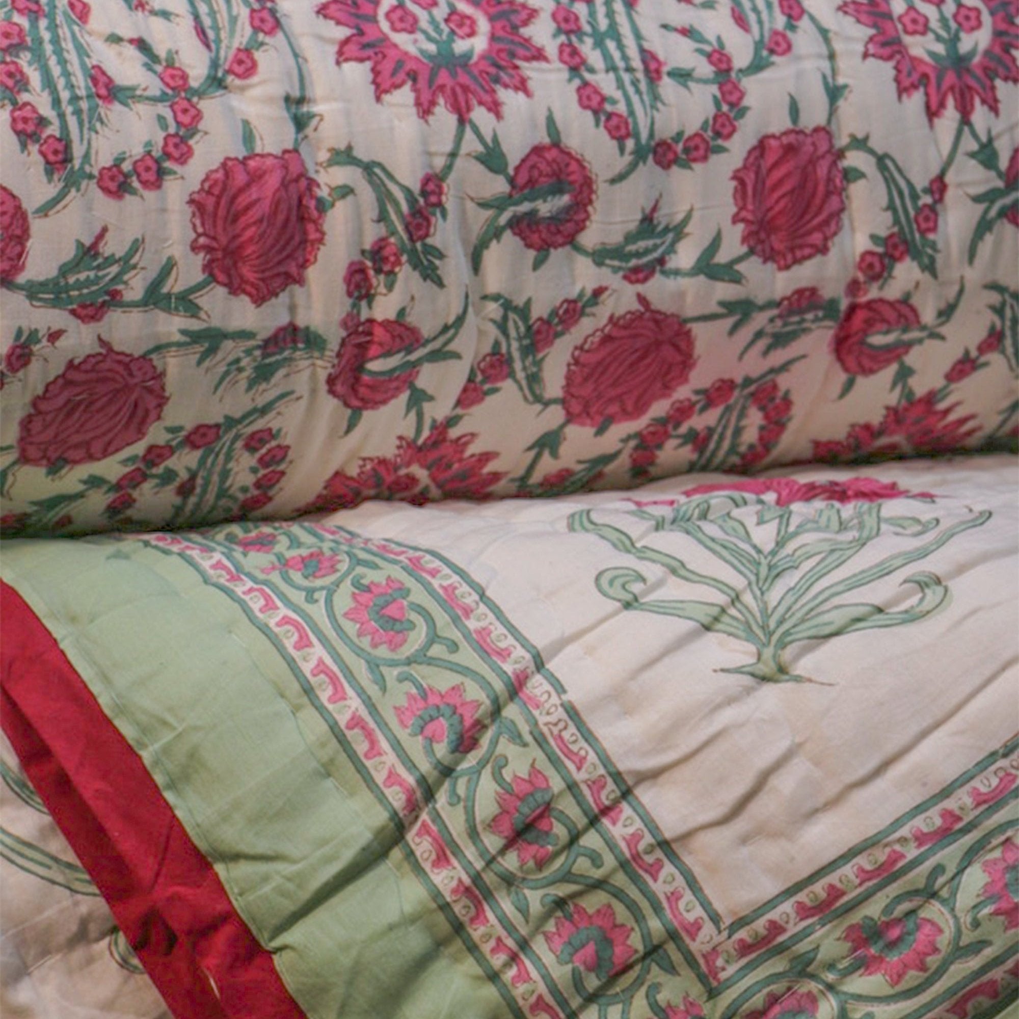 Diwali 2025 Collection.- Pink & Green Hand Block Printed Jaipuri Rajai / Quilt- Double - 90X108 Inches