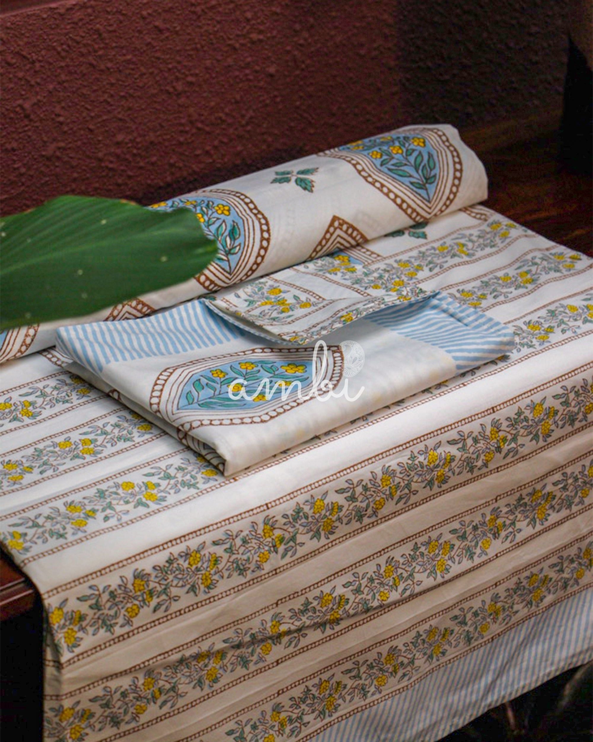 2026 Collection - Bed Sheet - Blue Floral Jaipuri Hand Block Pure Cotton Parkhel Print Double Bedsheet with 2 Pillow Covers - 90X108 Inches