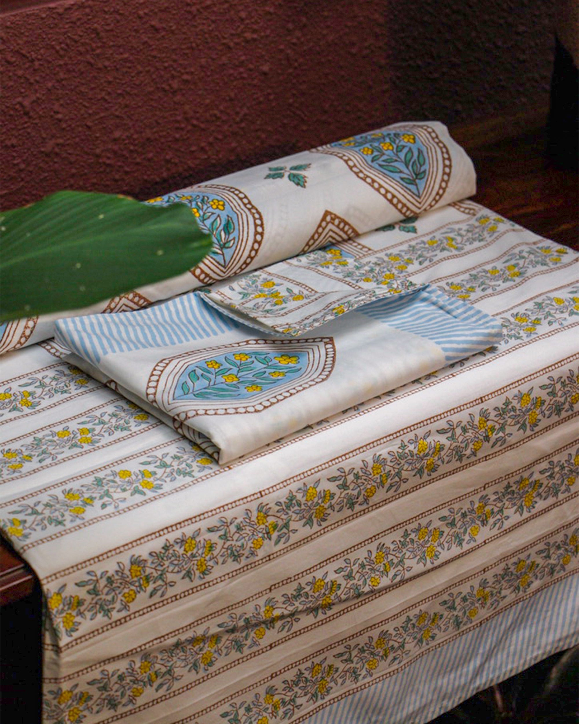 2026 Collection - Bed Sheet - Blue Floral Jaipuri Hand Block Pure Cotton Parkhel Print Double Bedsheet with 2 Pillow Covers - 90X108 Inches