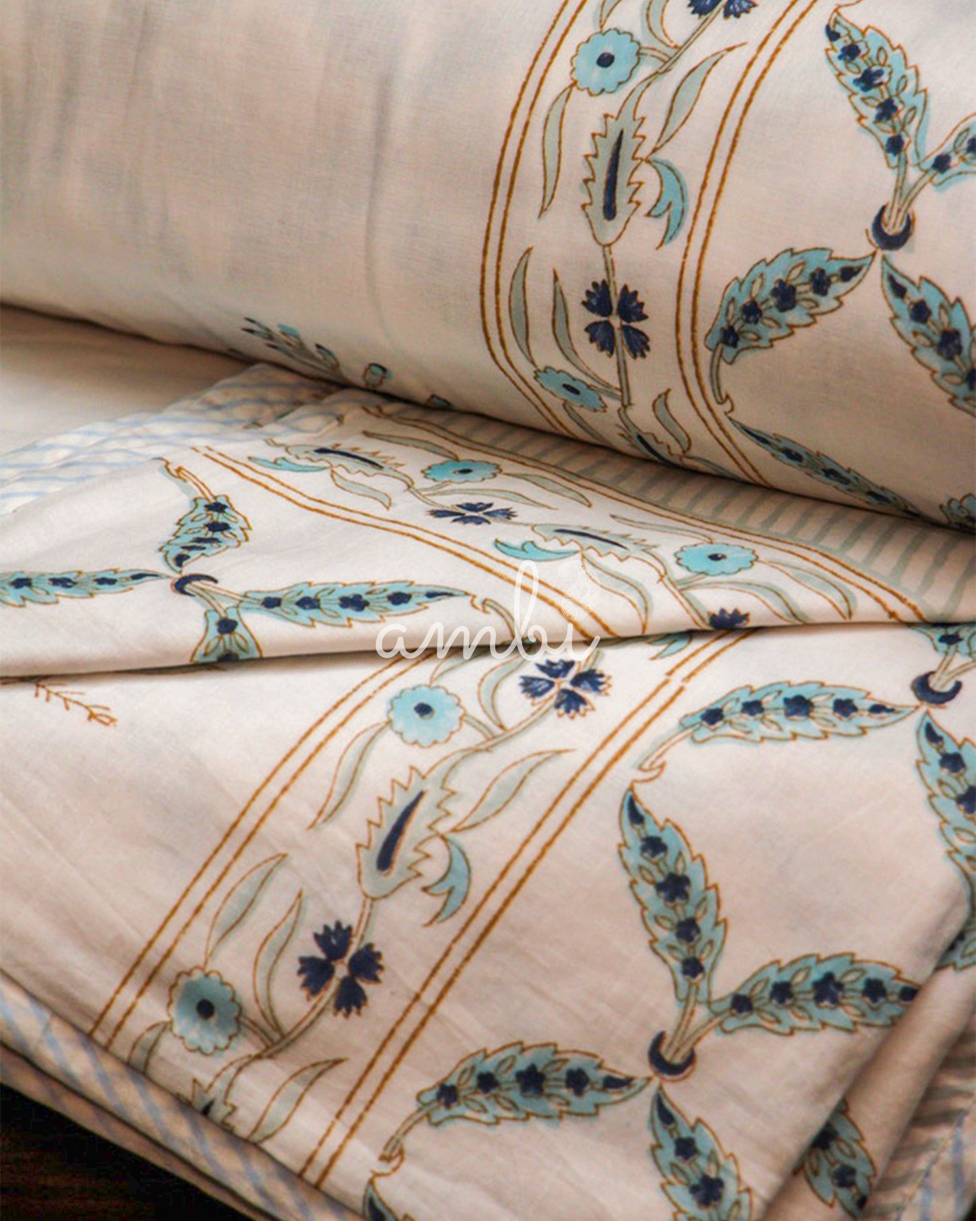 2026 Collection - Jaipuri Blue Floral Mulmul Triple Layer Reversible Dohar (Double Bed) - 90X108 Inches