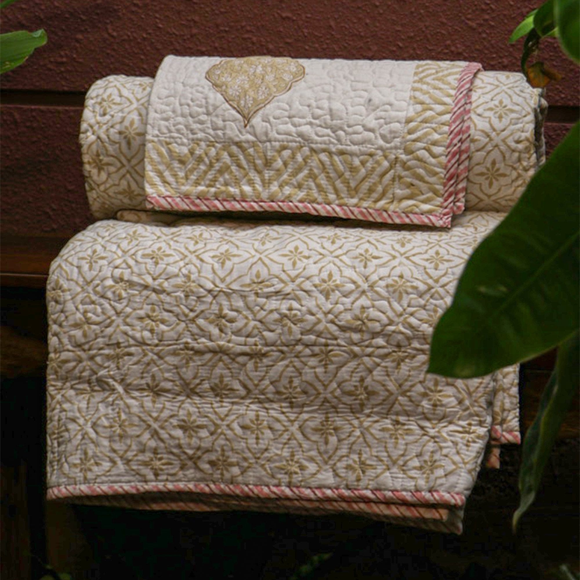 2025 Collection - Bed Cover - Yellow Red Hand Block Printed Jaipuri Quilted Bed Cover with 2 Pillow Covers- Double - 108X108 Inches