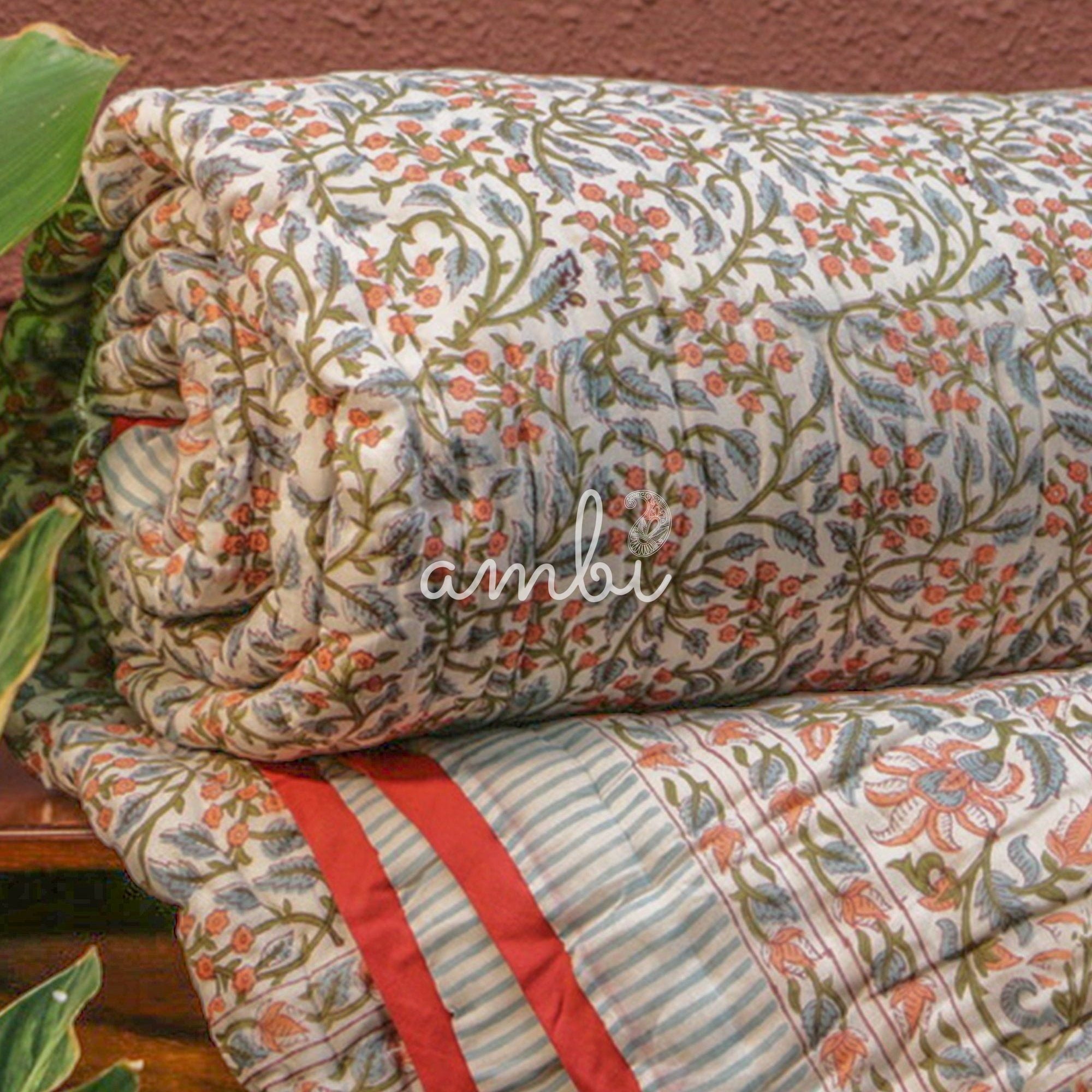 2026 Collection - Pink Flowers Hand Block Printed Jaipuri Rajai Quilt- Double - 90X108 Inches