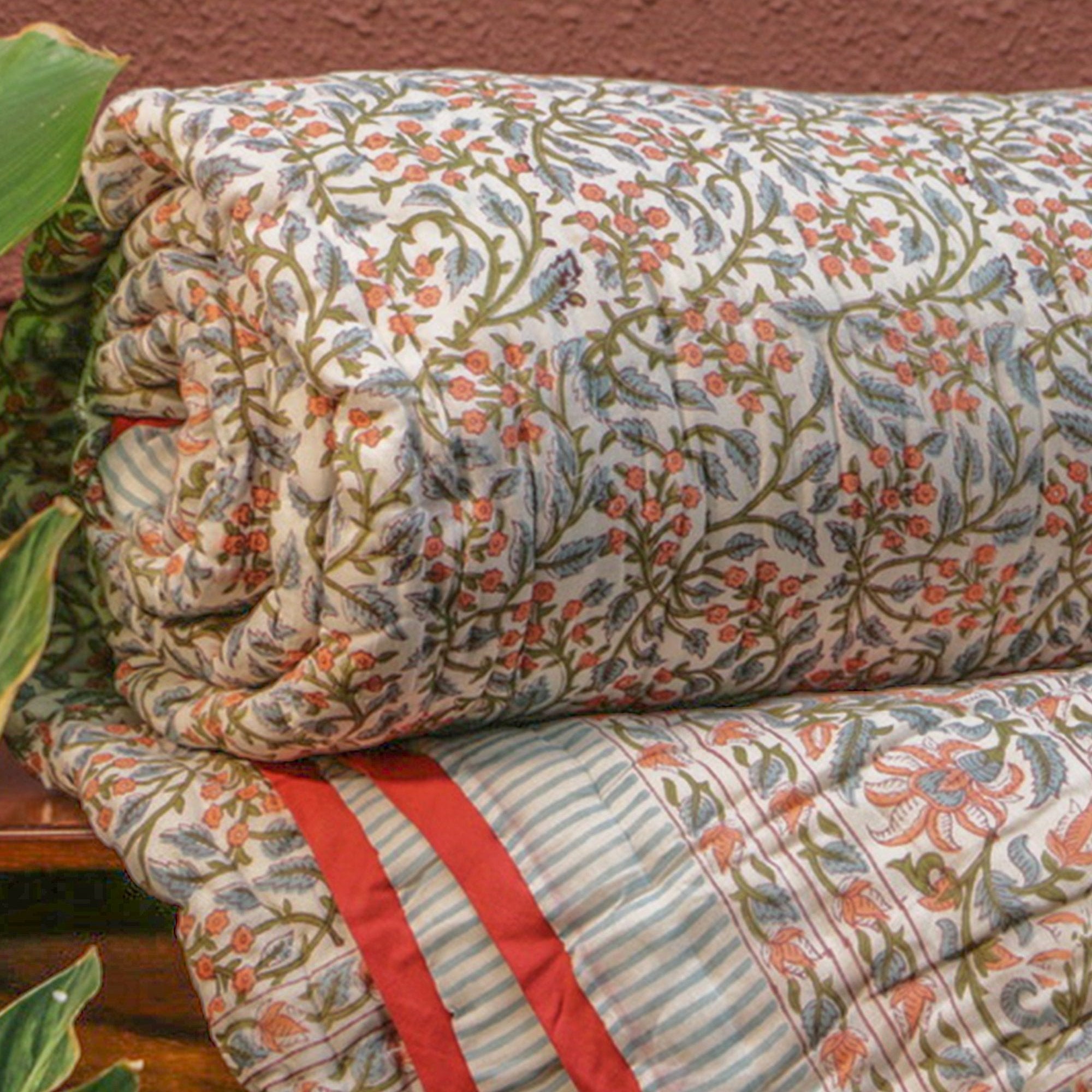 2026 Collection - Pink Flowers Hand Block Printed Jaipuri Rajai Quilt- Double - 90X108 Inches
