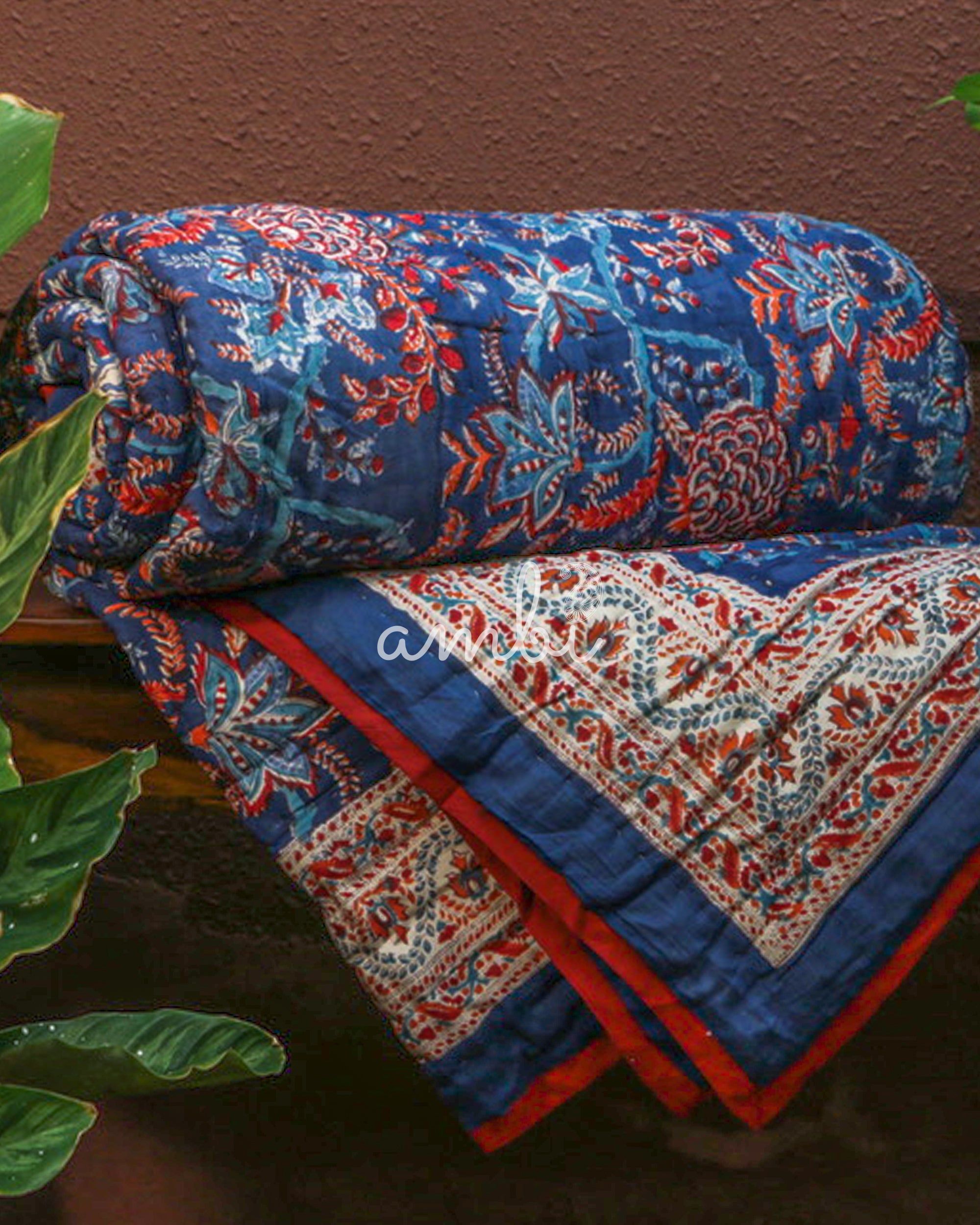 2026 Collection - Dark Blue and Red Hand Block Printed Jaipuri Rajai / Quilt- Double - 90X108 Inches