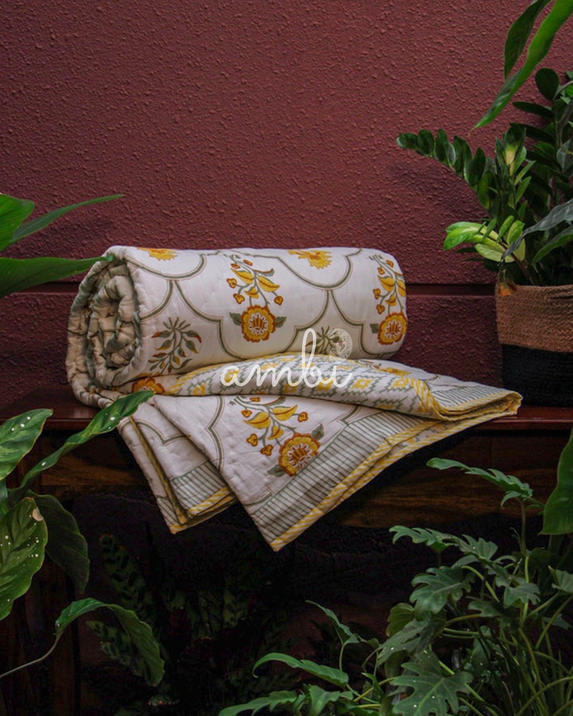 2026 Collection - Floral Yellow Hand Block Printed Jaipuri / Rajai Quilt- Double - 90X108 Inches