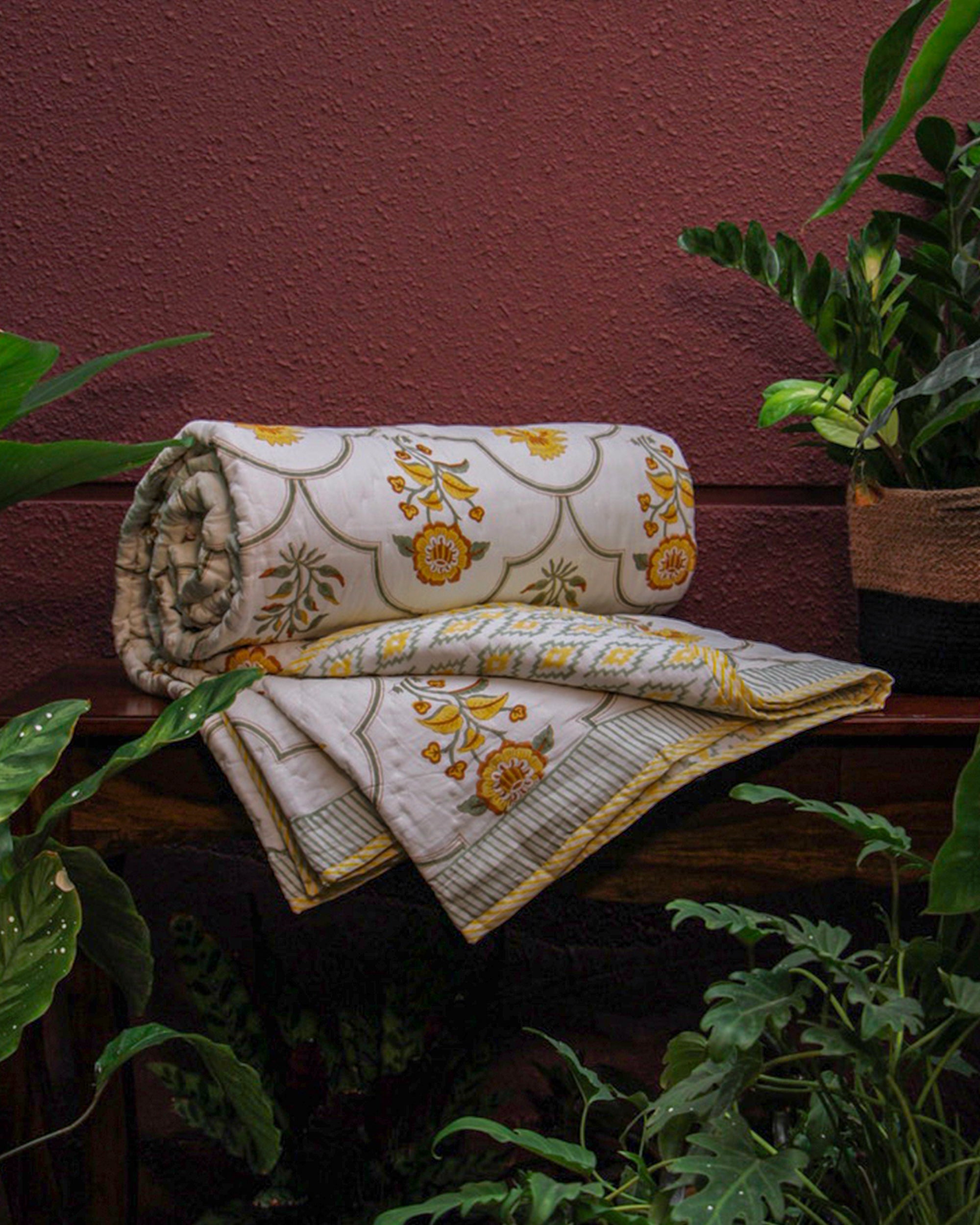 2026 Collection - Floral Yellow Hand Block Printed Jaipuri / Rajai Quilt- Double - 90X108 Inches