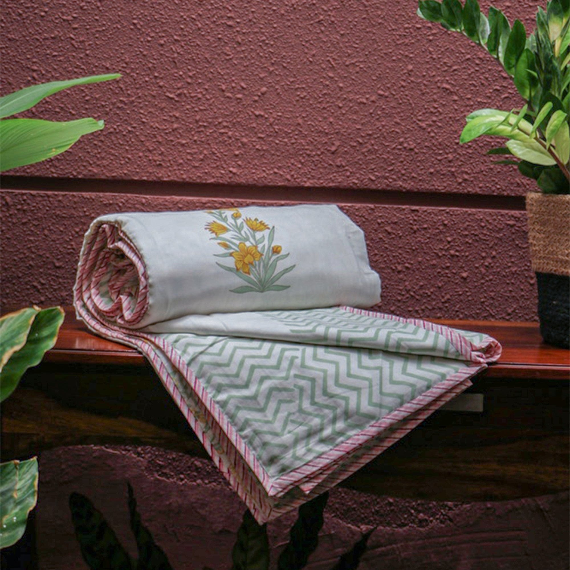 Diwali 2025 Collection - Jaipuri Orange Floral Mulmul Triple Layer Reversible Dohar (Double Bed) - 90X108 Inches