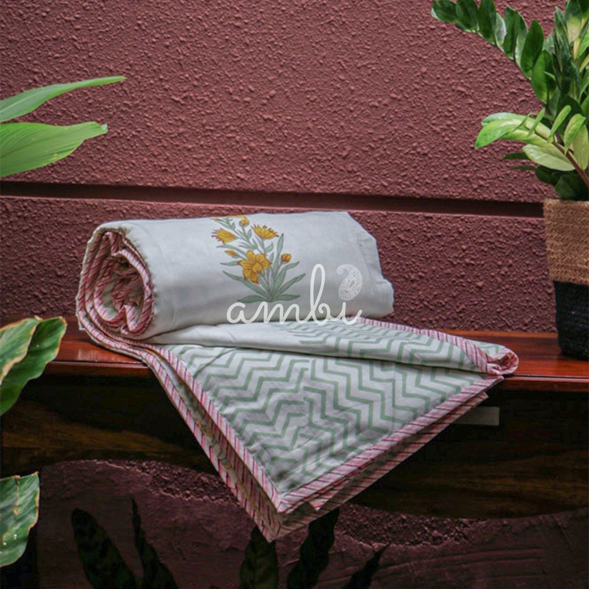 2026 Collection - Jaipuri Orange Floral Mulmul Triple Layer Reversible Dohar (Double Bed) - 90X108 Inches