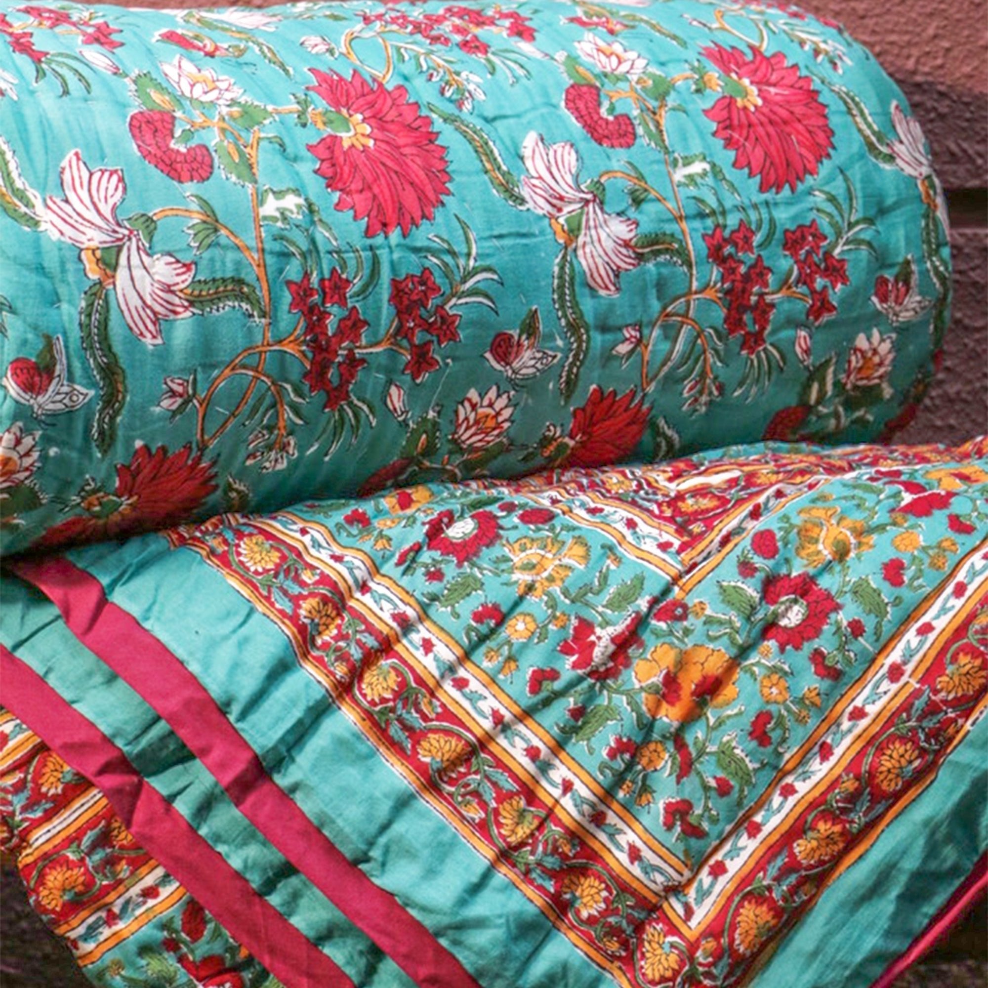 2026 Collection - Green & Red Hand Block Printed Jaipuri Rajai / Quilt- Double - 90X108 Inches