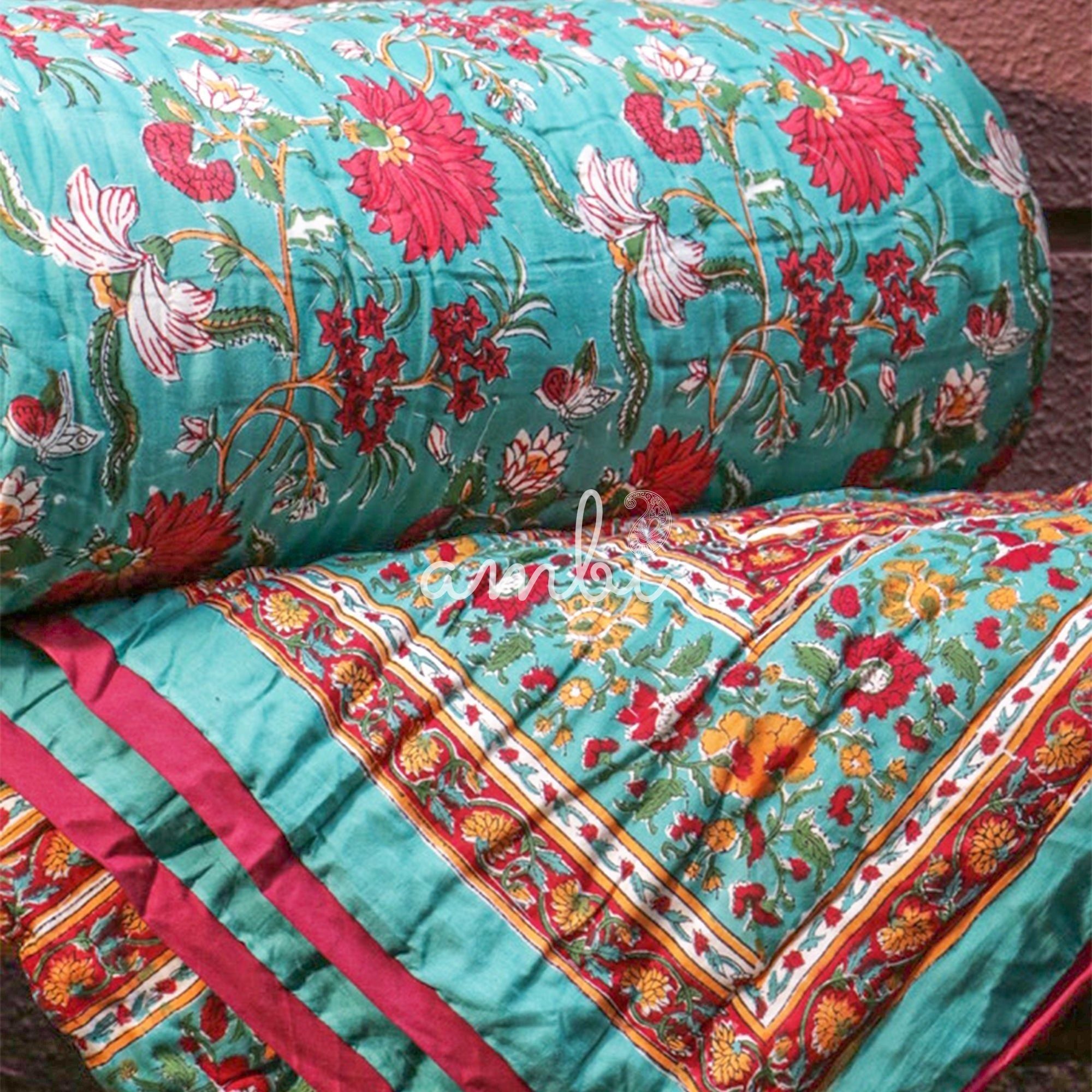 2026 Collection - Green & Red Hand Block Printed Jaipuri Rajai / Quilt- Double - 90X108 Inches