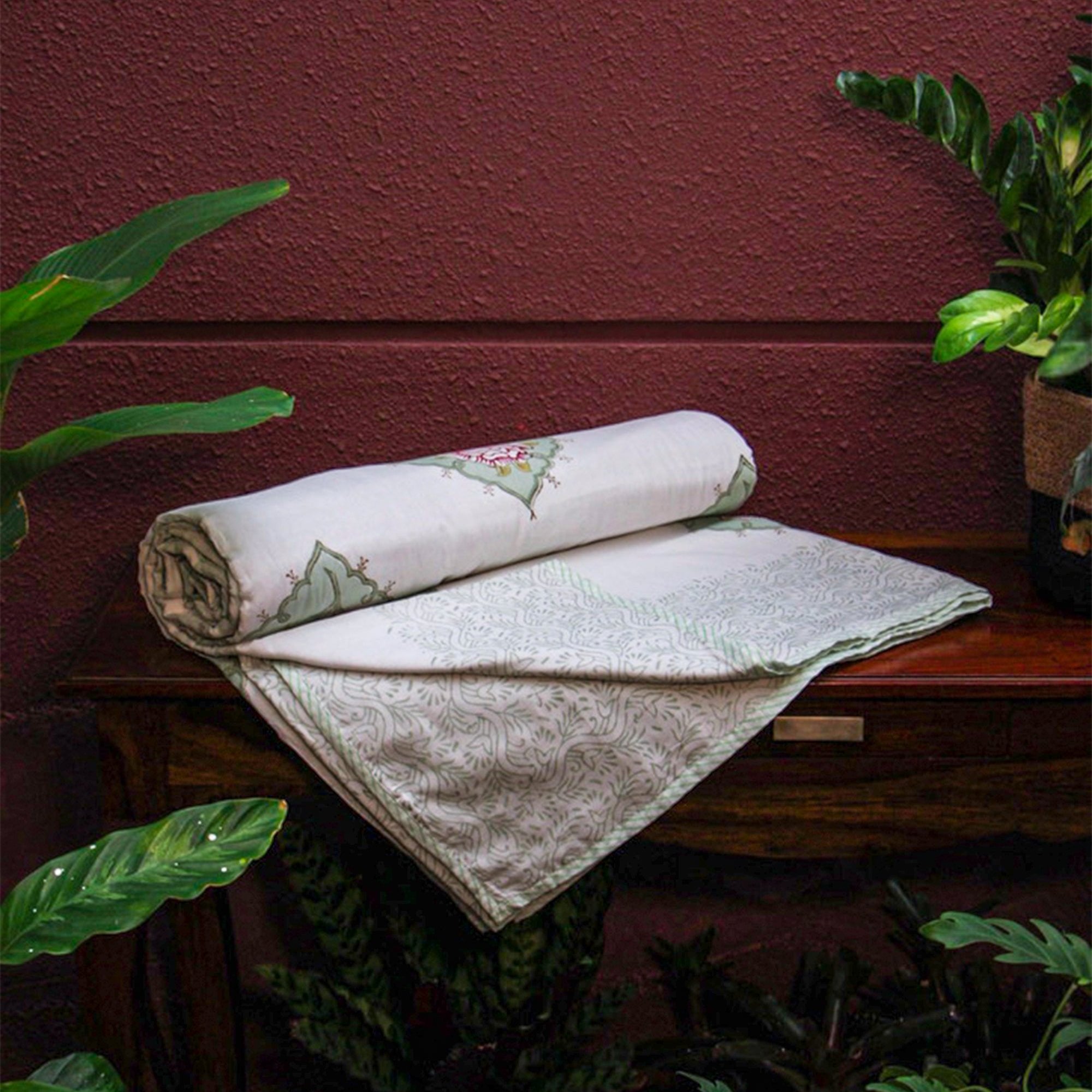 Diwali 2025 Collection - Jaipuri Green Floral Mulmul Triple Layer Reversible Dohar (Double Bed) - 90X108 Inches