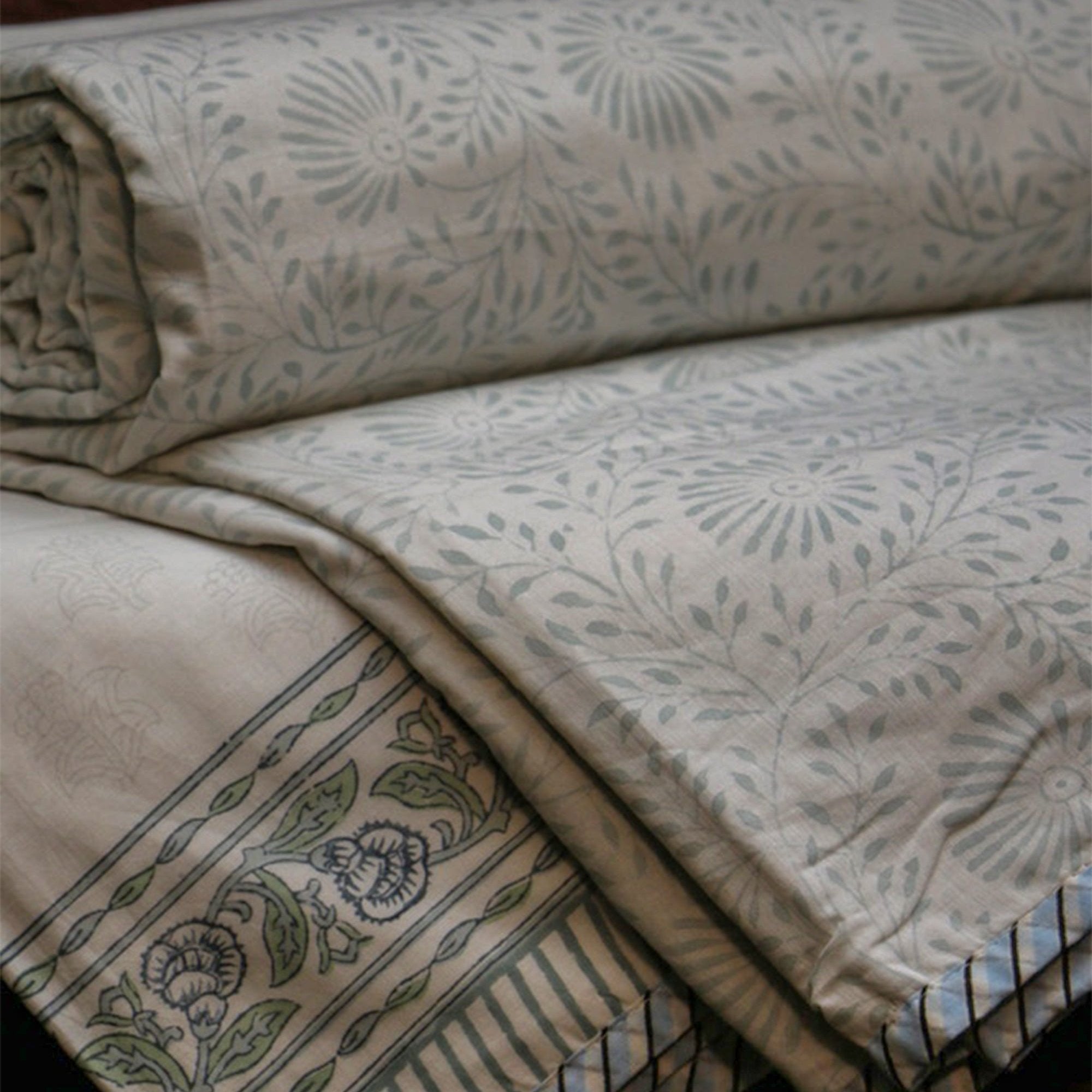 2026 Collection - Light Blue Jaipuri Floral Mulmul Triple Layer Reversible Dohar (Single Bed, Pair of 2) - 60X90 Inches