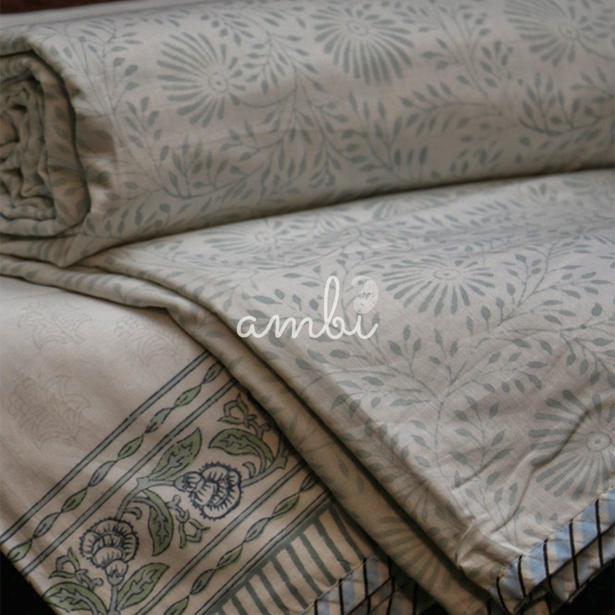 2026 Collection - Light Blue Jaipuri Floral Mulmul Triple Layer Reversible Dohar (Single Bed, Pair of 2) - 60X90 Inches