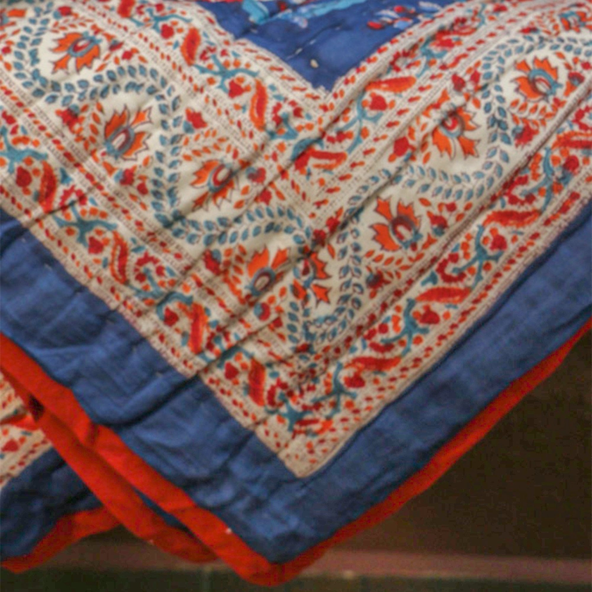 Diwali 2025 Collection - Dark Blue and Red Hand Block Printed Jaipuri Rajai / Quilt- Double - 90X108 Inches