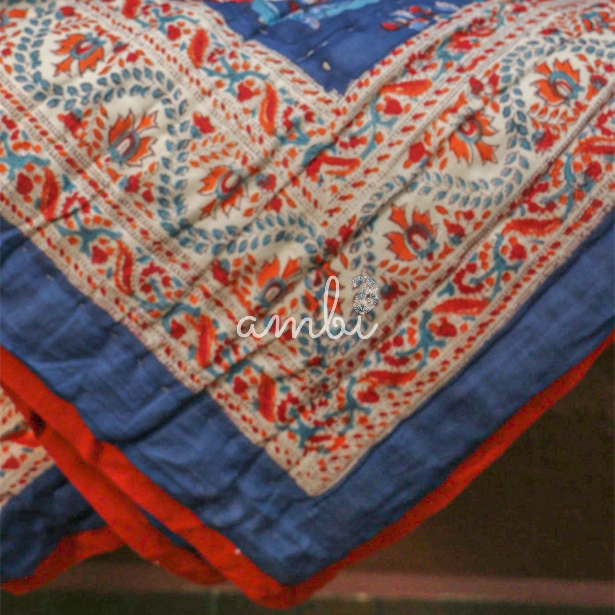 2026 Collection - Dark Blue and Red Hand Block Printed Jaipuri Rajai / Quilt- Double - 90X108 Inches