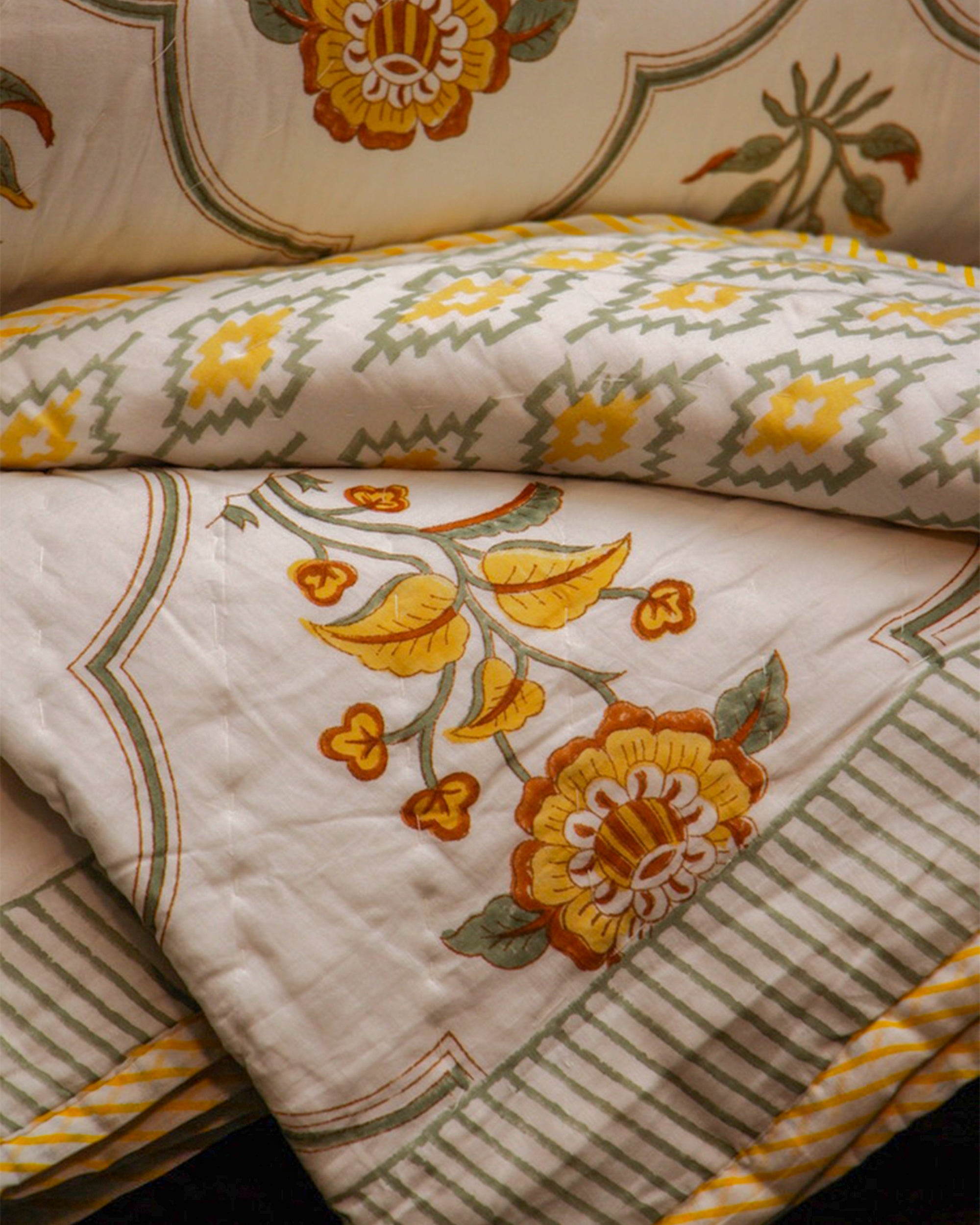 Diwali 2025 Collection - Floral Yellow Hand Block Printed Jaipuri / Rajai Quilt- Double - 90X108 Inches