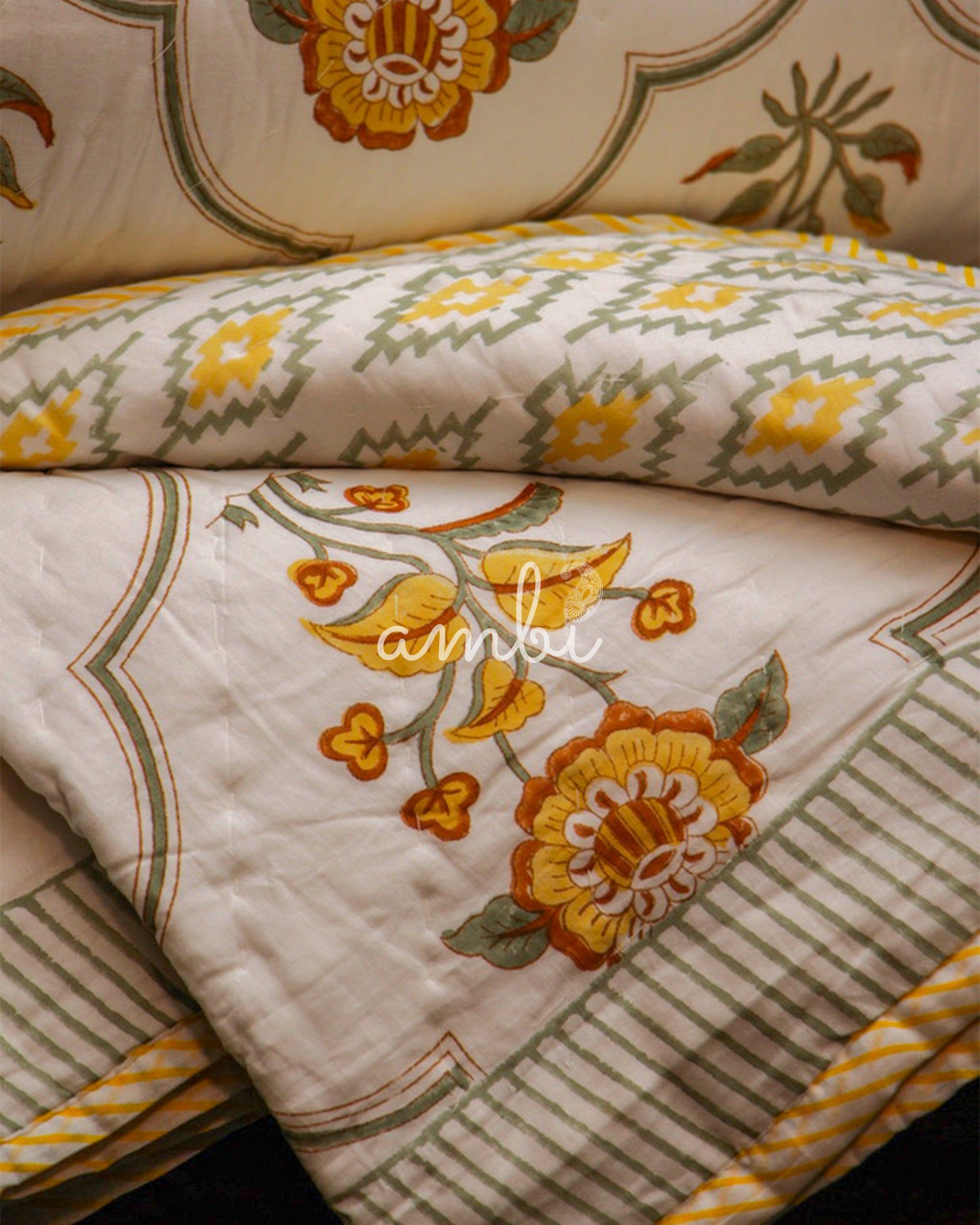 2026 Collection - Floral Yellow Hand Block Printed Jaipuri / Rajai Quilt- Double - 90X108 Inches