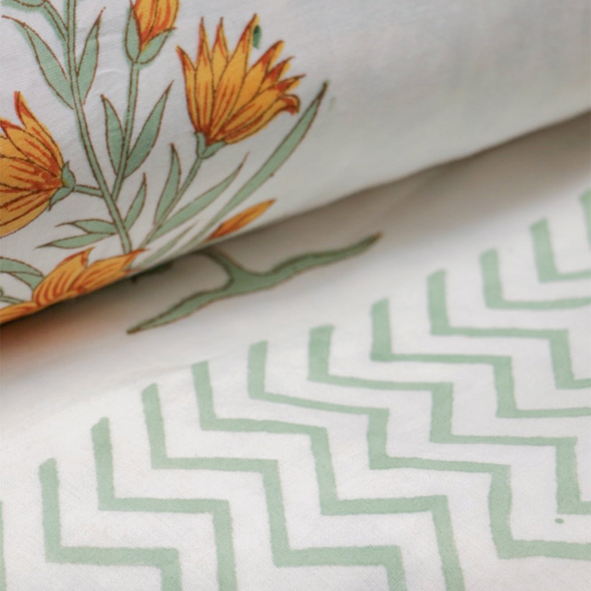 2026 Collection - Jaipuri Orange Floral Mulmul Triple Layer Reversible Dohar (Double Bed) - 90X108 Inches