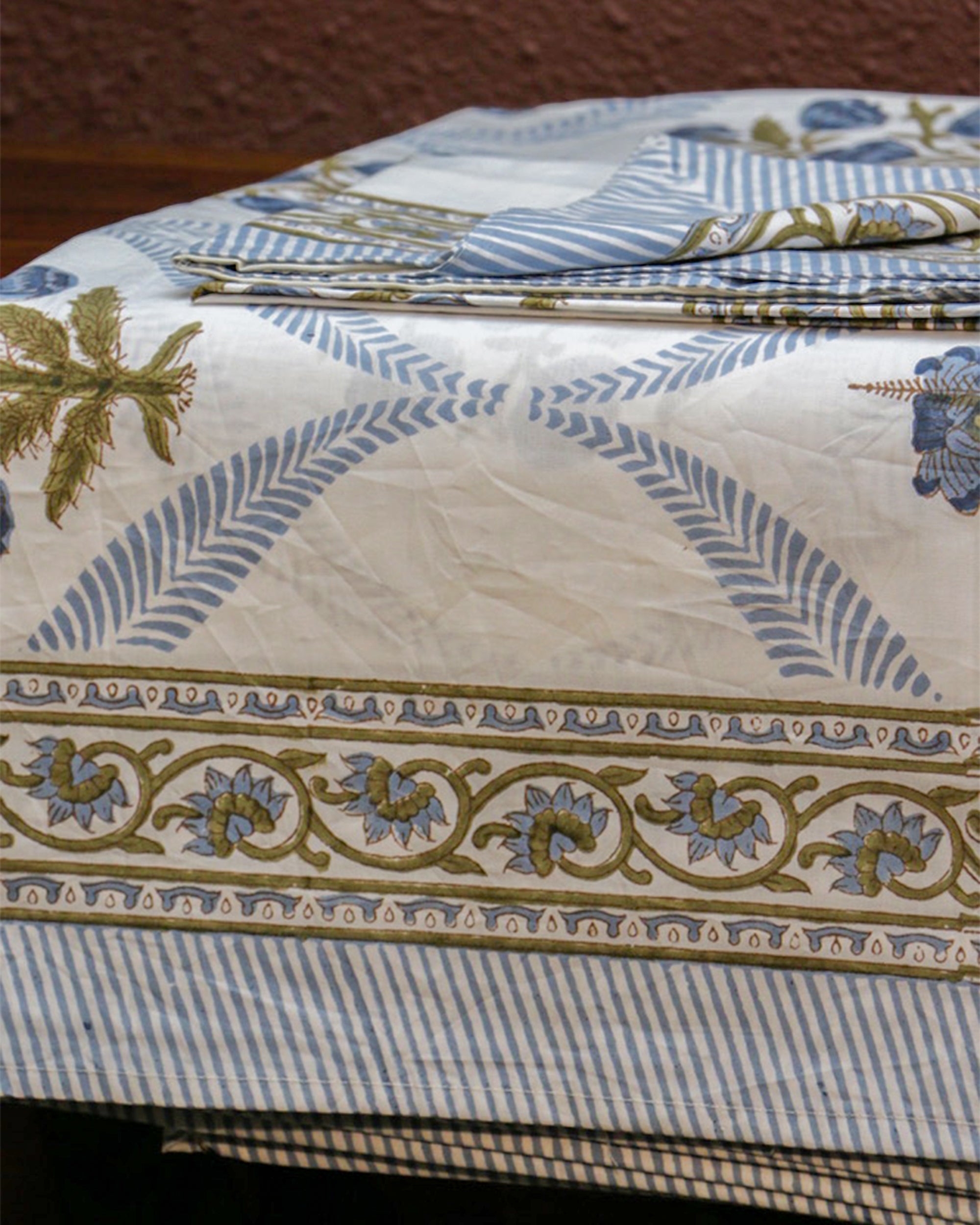 2025 Collection - Bed Sheet - Blue Blossom Jaipuri Hand Block Pure Cotton Parkhel Print Double Bedsheet with 2 Pillow Covers - 108X108 Inches