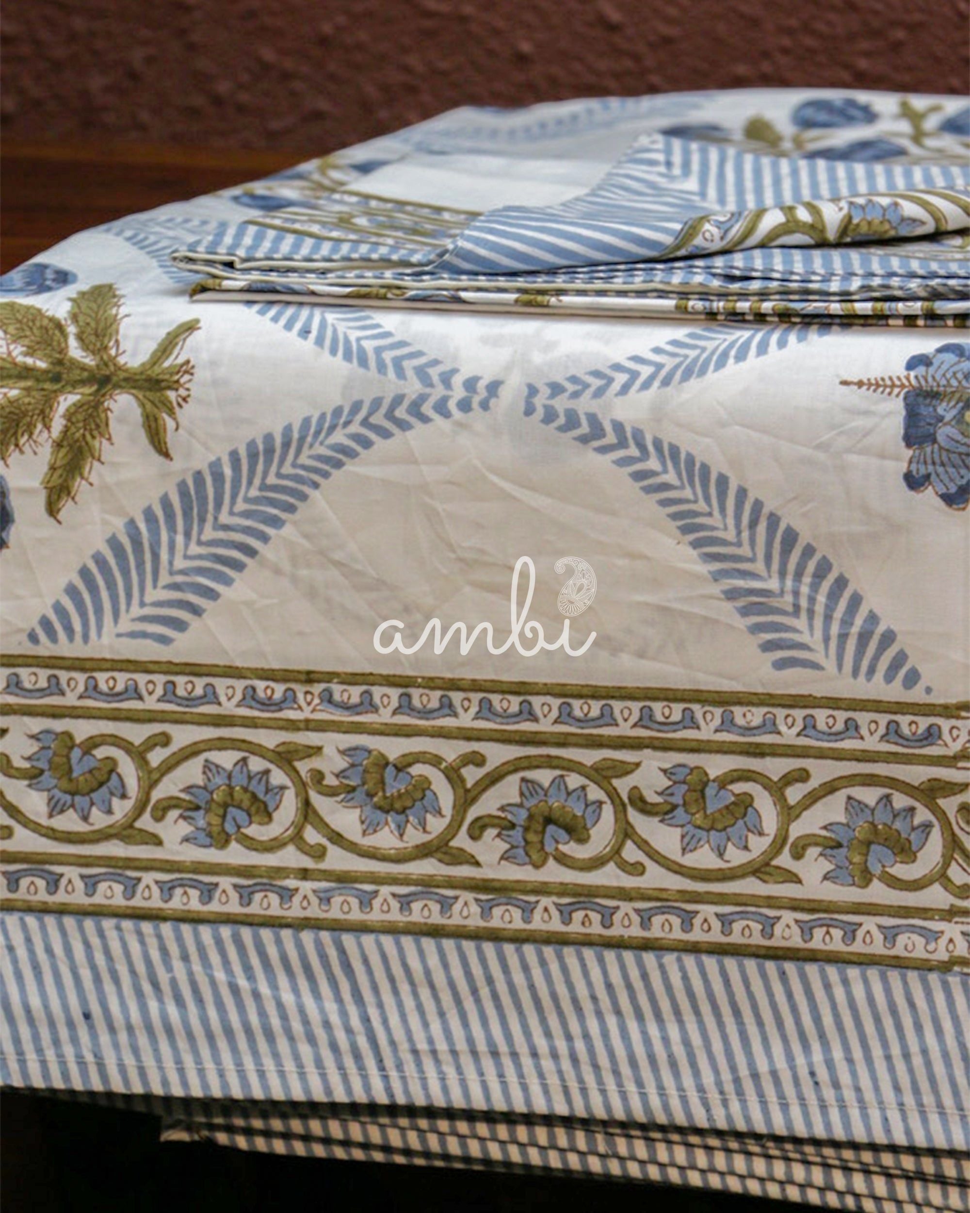 2026 Collection - Bed Sheet - Blue Blossom Jaipuri Hand Block Pure Cotton Parkhel Print Double Bedsheet with 2 Pillow Covers - 108X108 Inches