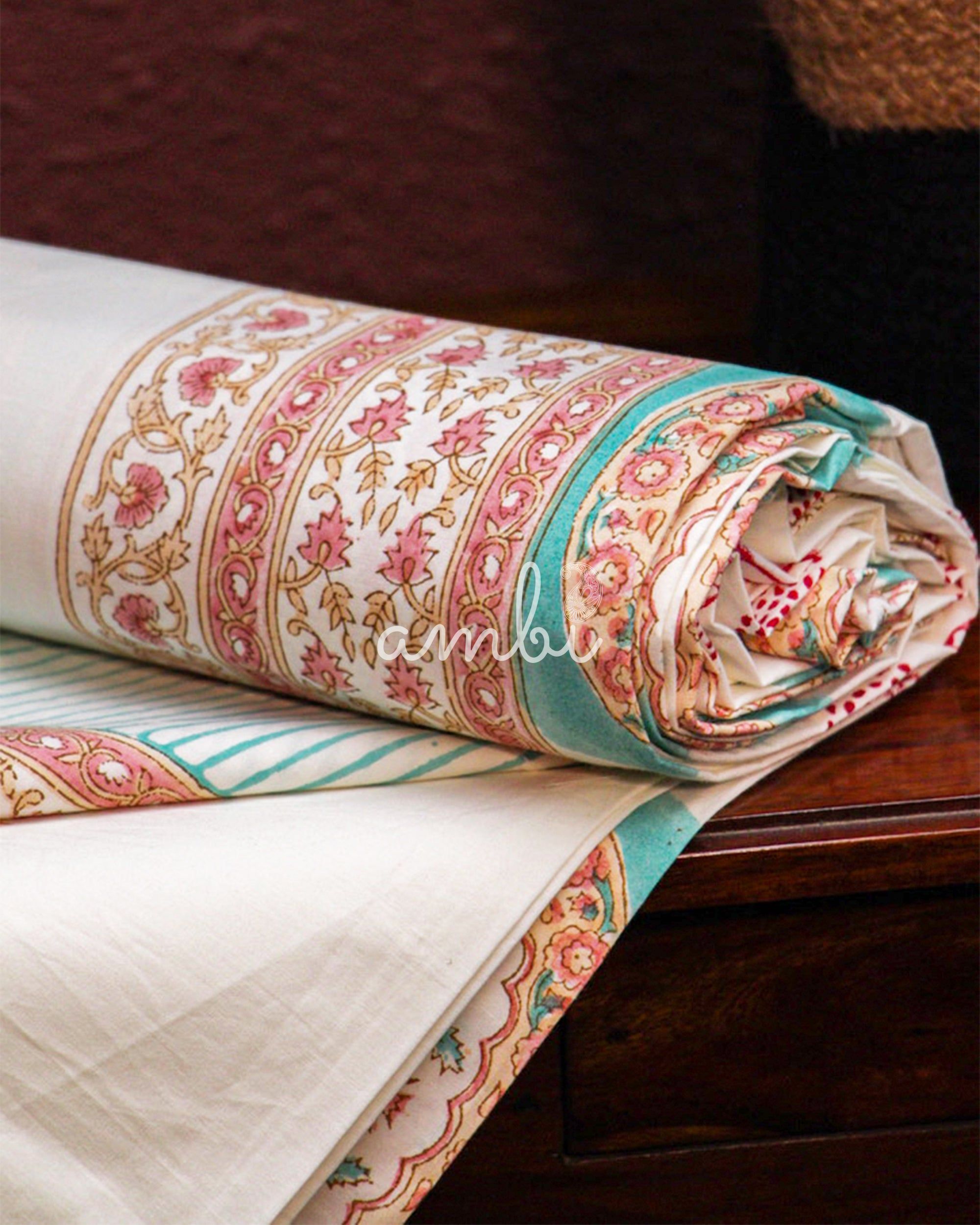 2026 Collection - Orange Blossom Jaipuri Hand Block Pure Cotton Parkhel Print Double Bedsheet with 2 Pillow Covers - 108X108 Inches