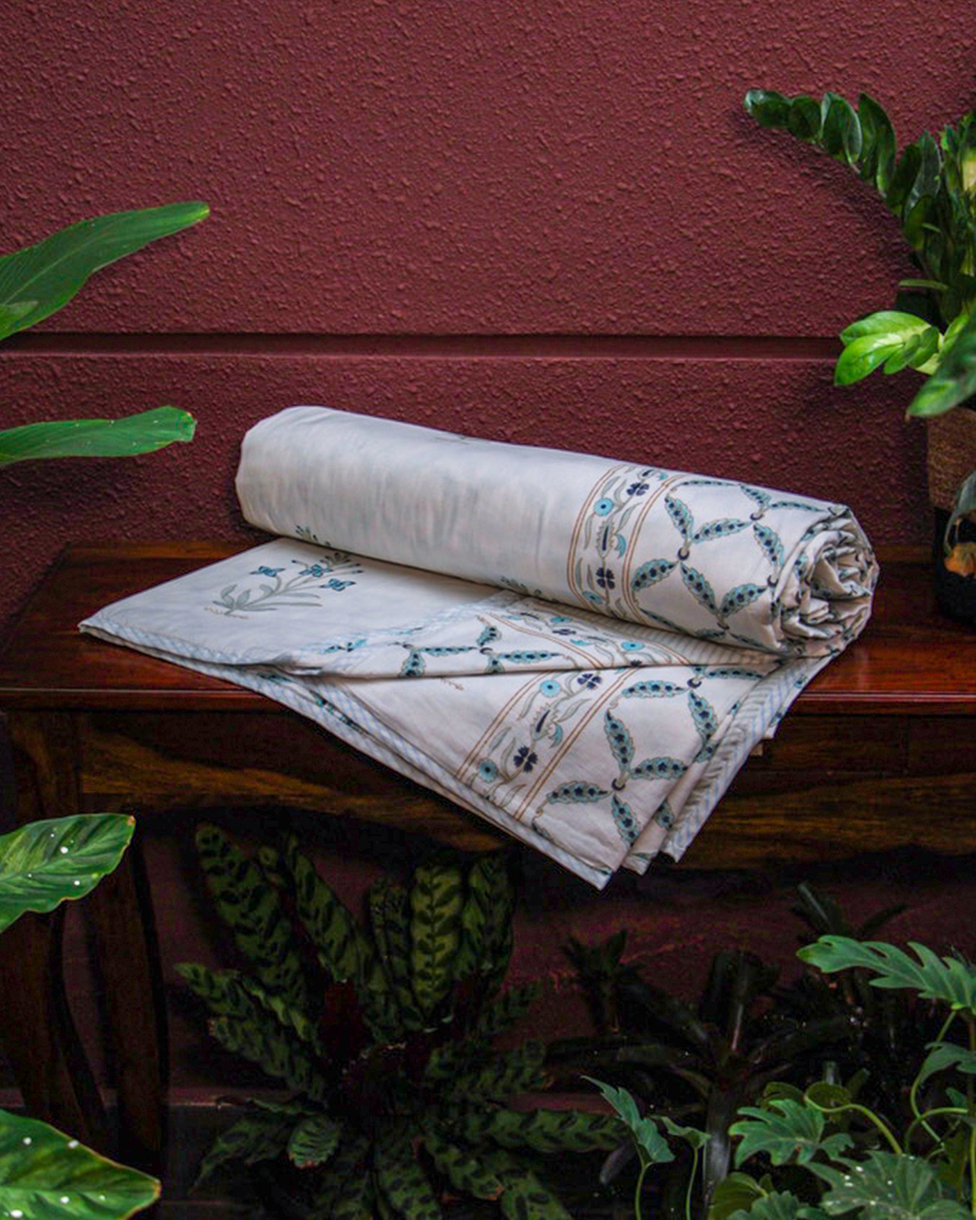 Diwali 2025 Collection - Jaipuri Blue Floral Mulmul Triple Layer Reversible Dohar (Double Bed) - 90X108 Inches