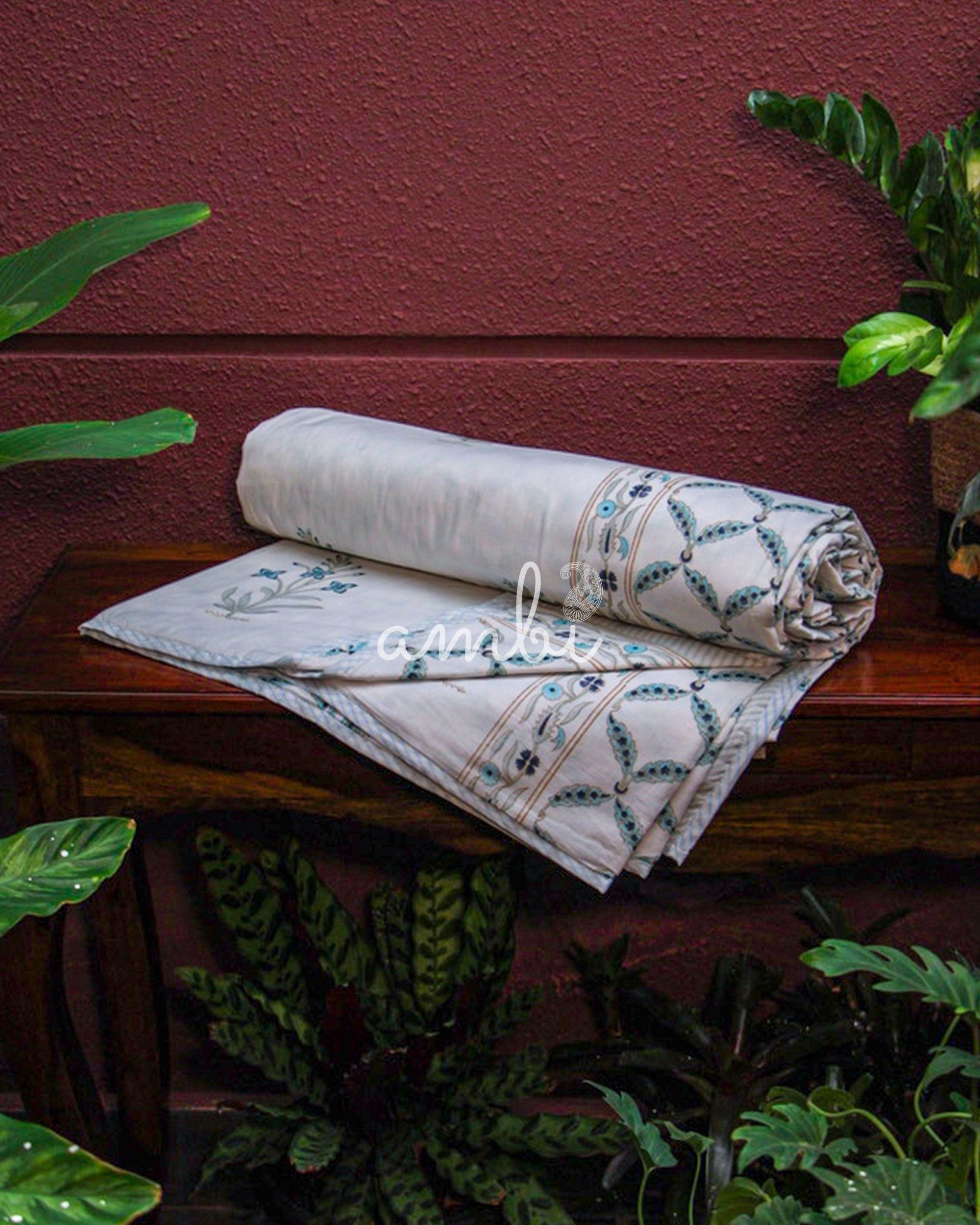 2026 Collection - Jaipuri Blue Floral Mulmul Triple Layer Reversible Dohar (Double Bed) - 90X108 Inches