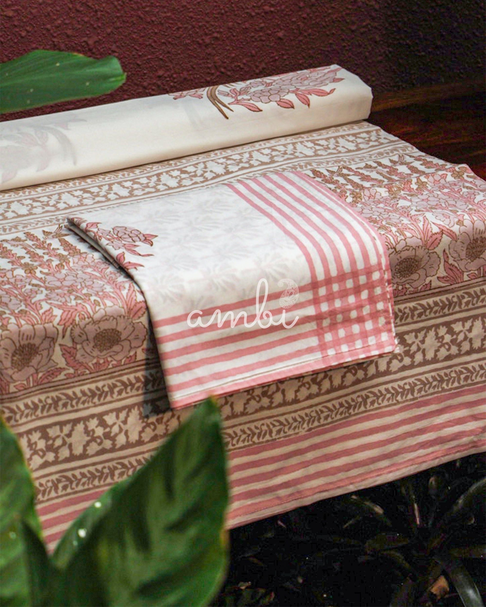 2026 Collection - Bed Sheet - Pink Parrot Jaipuri Hand Block Pure Cotton Parkhel Print Double Bedsheet with 2 Pillow Covers - 90X108 Inches