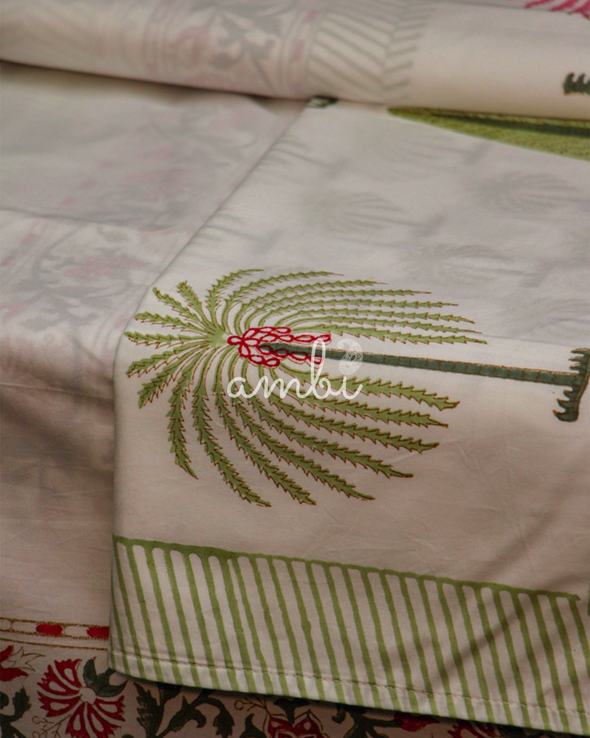 2026 Collection - Bed Sheet - Green Floral Jaipuri Hand Block Pure Cotton Parkhel Print Double Bedsheet with 2 Pillow Covers - 90X108 Inches