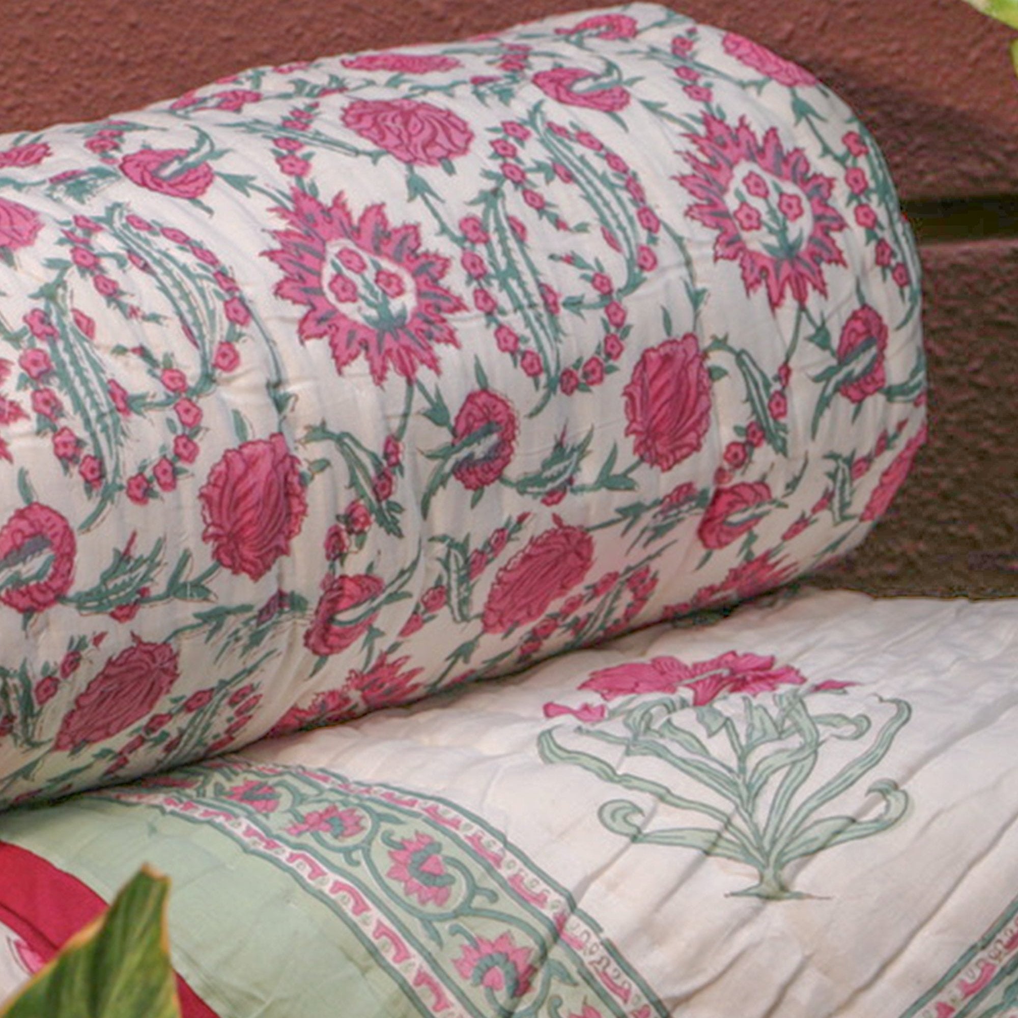 Diwali 2025 Collection.- Pink & Green Hand Block Printed Jaipuri Rajai / Quilt- Double - 90X108 Inches