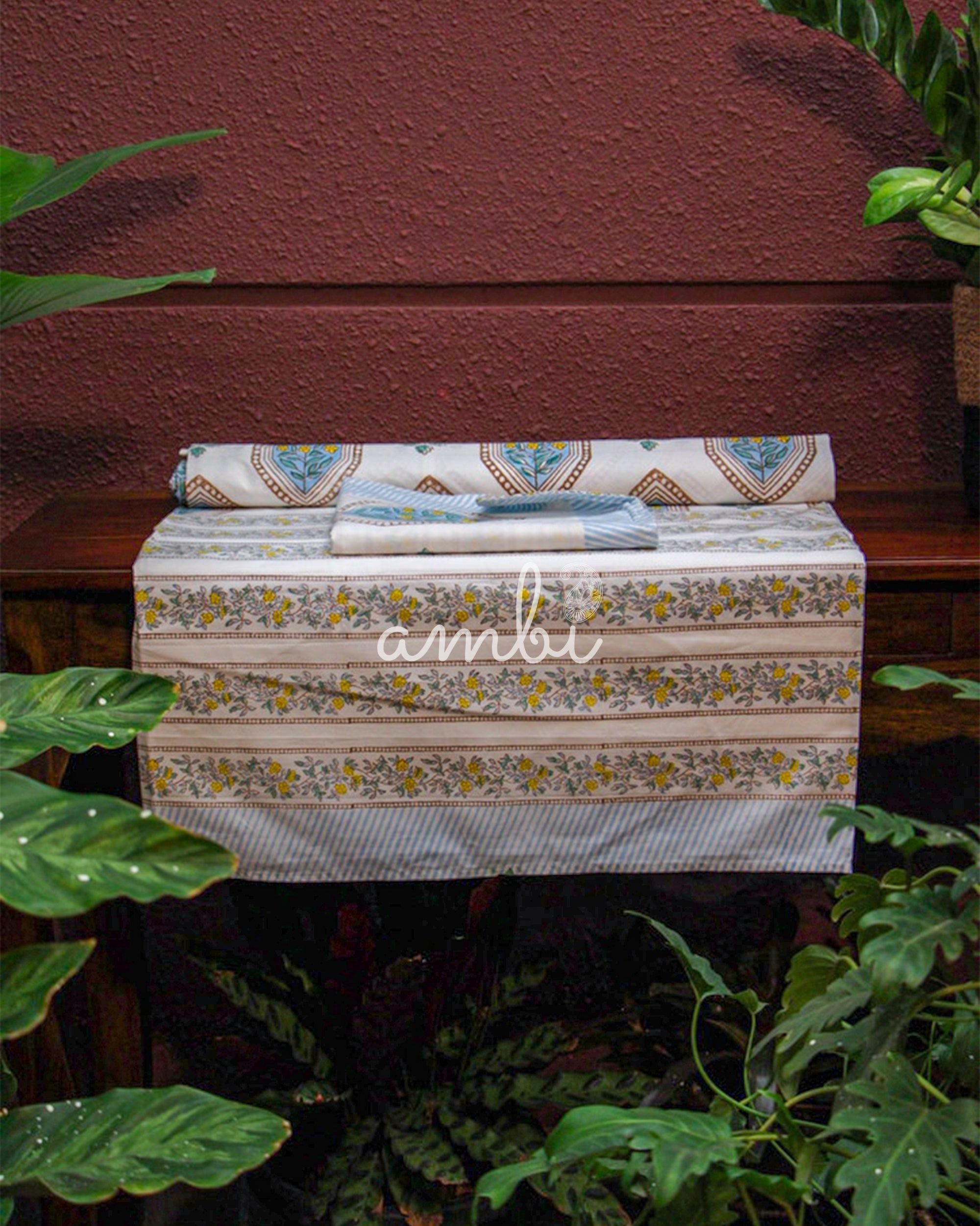 2026 Collection - Bed Sheet - Blue Floral Jaipuri Hand Block Pure Cotton Parkhel Print Double Bedsheet with 2 Pillow Covers - 90X108 Inches