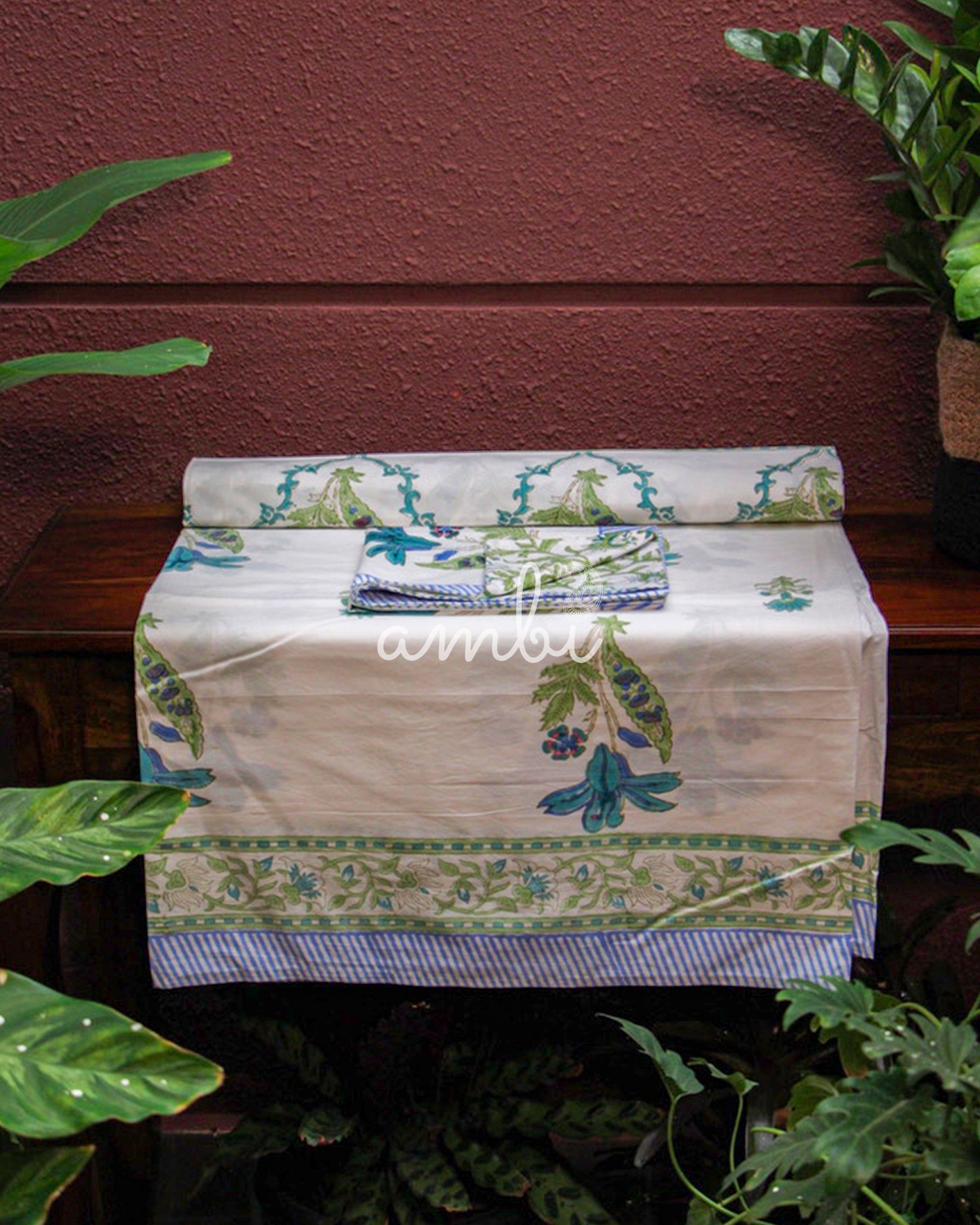 2026 Collection - Bed Sheet - Blue Blossom Jaipuri Hand Block Pure Cotton Parkhel Print Double Bedsheet with 2 Pillow Covers - 90X108 Inches