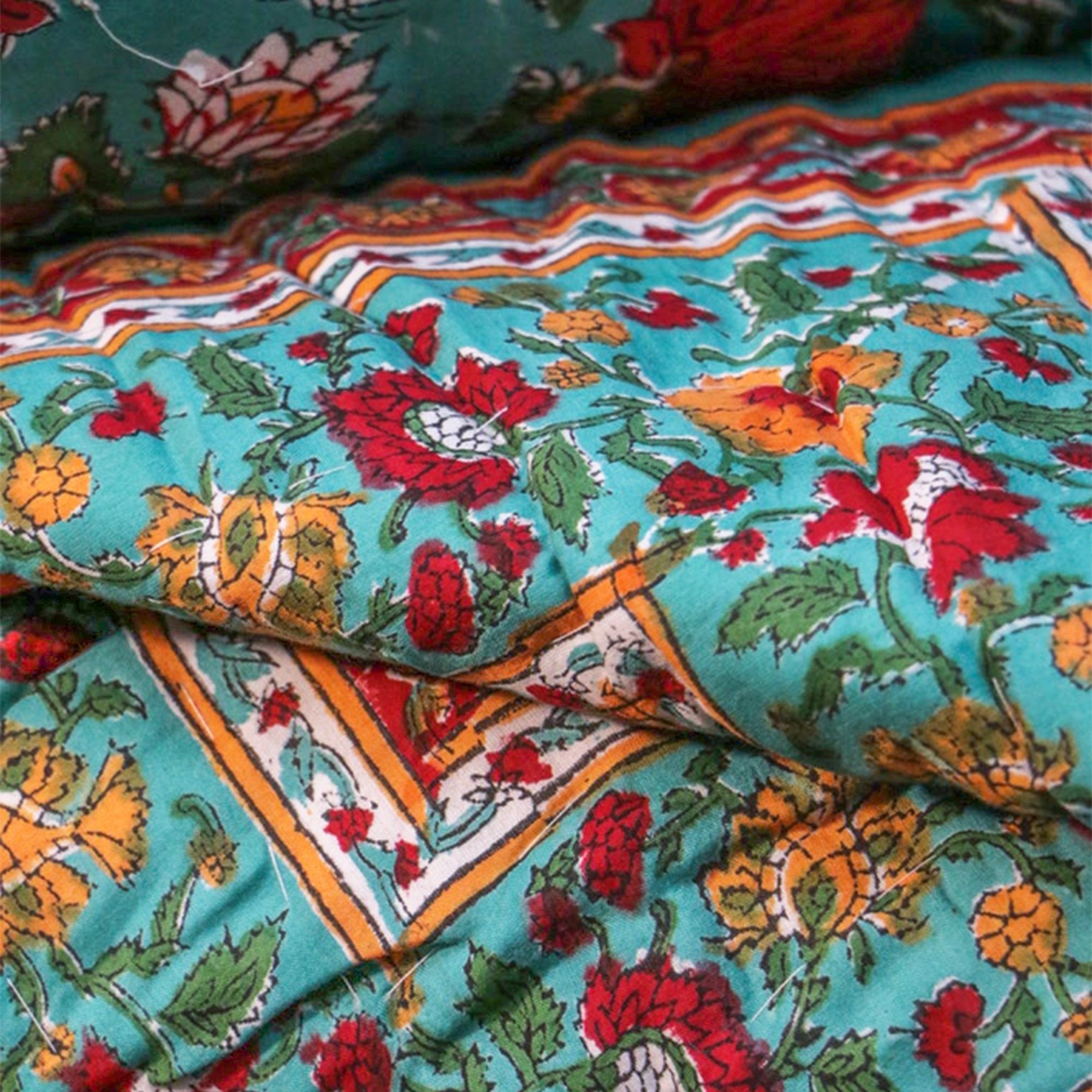 2026 Collection - Green & Red Hand Block Printed Jaipuri Rajai / Quilt- Double - 90X108 Inches