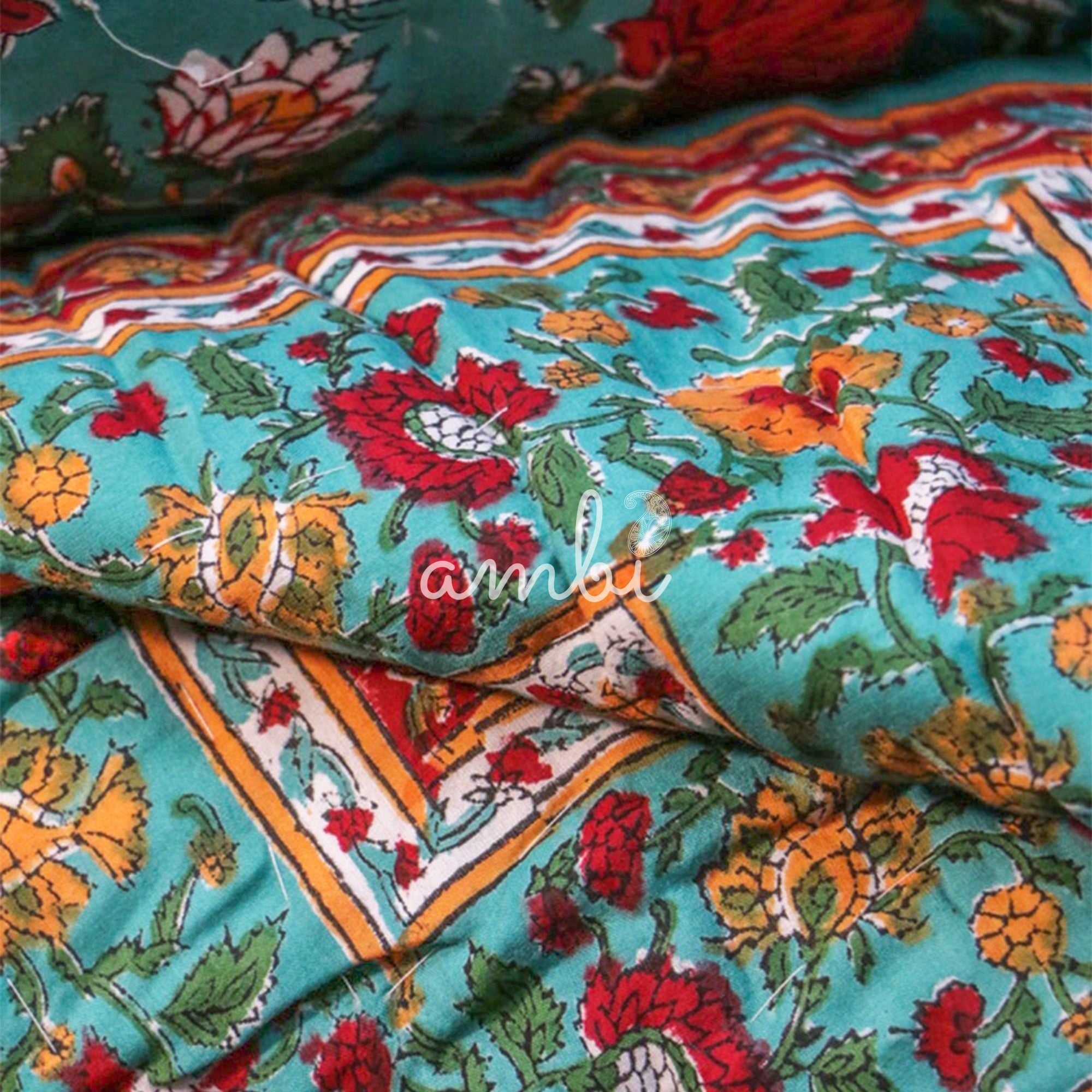 2026 Collection - Green & Red Hand Block Printed Jaipuri Rajai / Quilt- Double - 90X108 Inches