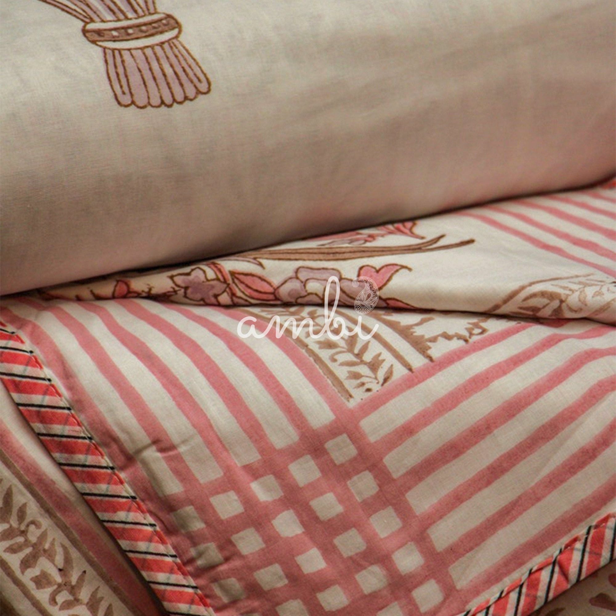 2026 Collection - Jaipuri Pink Parrot Mulmul Triple Layer Reversible Dohar (Double Bed) - 90X108 Inches