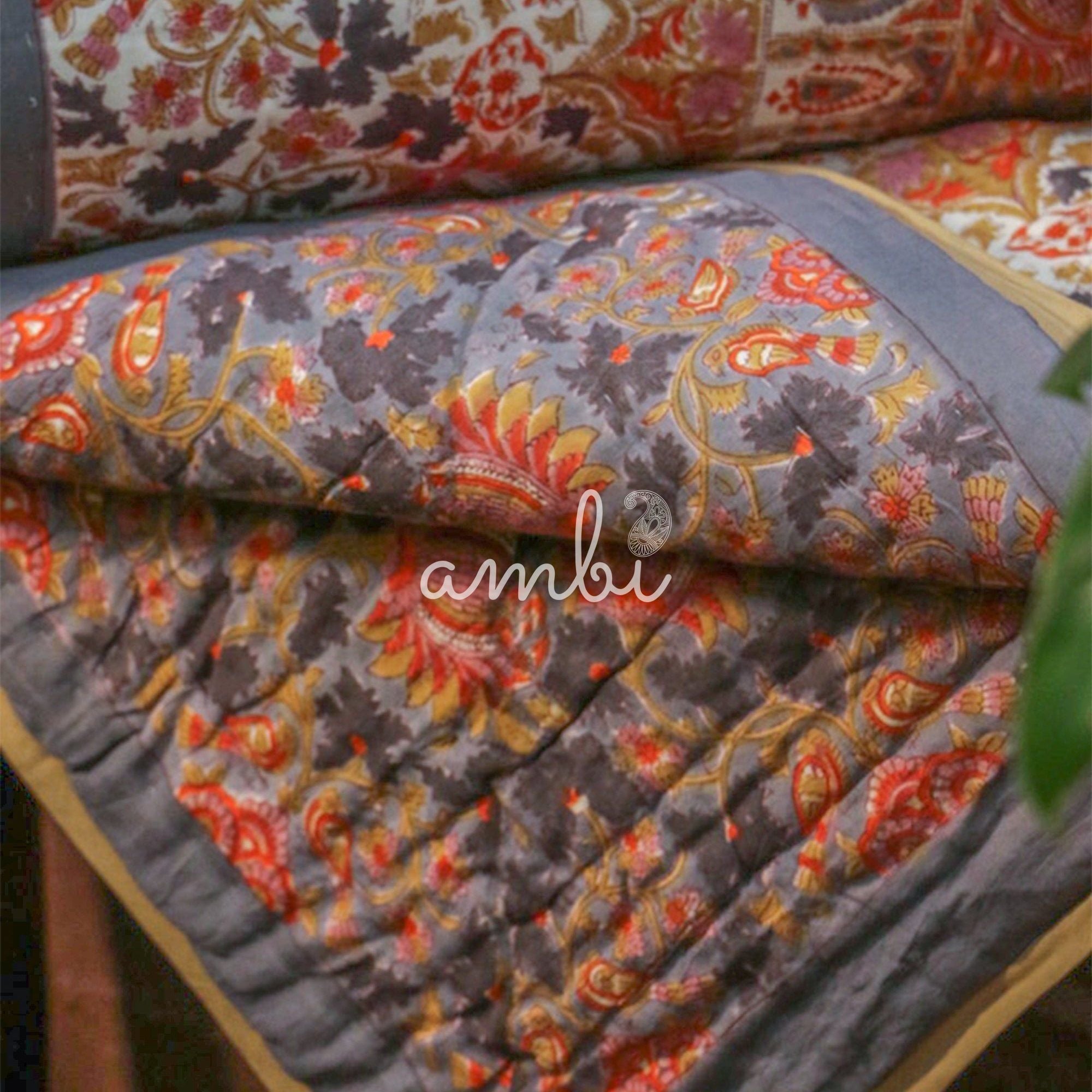 2026 Collection - Pink & Light Blue Hand Block Printed Jaipuri Rajai / Quilt- Double - 90X108 Inches