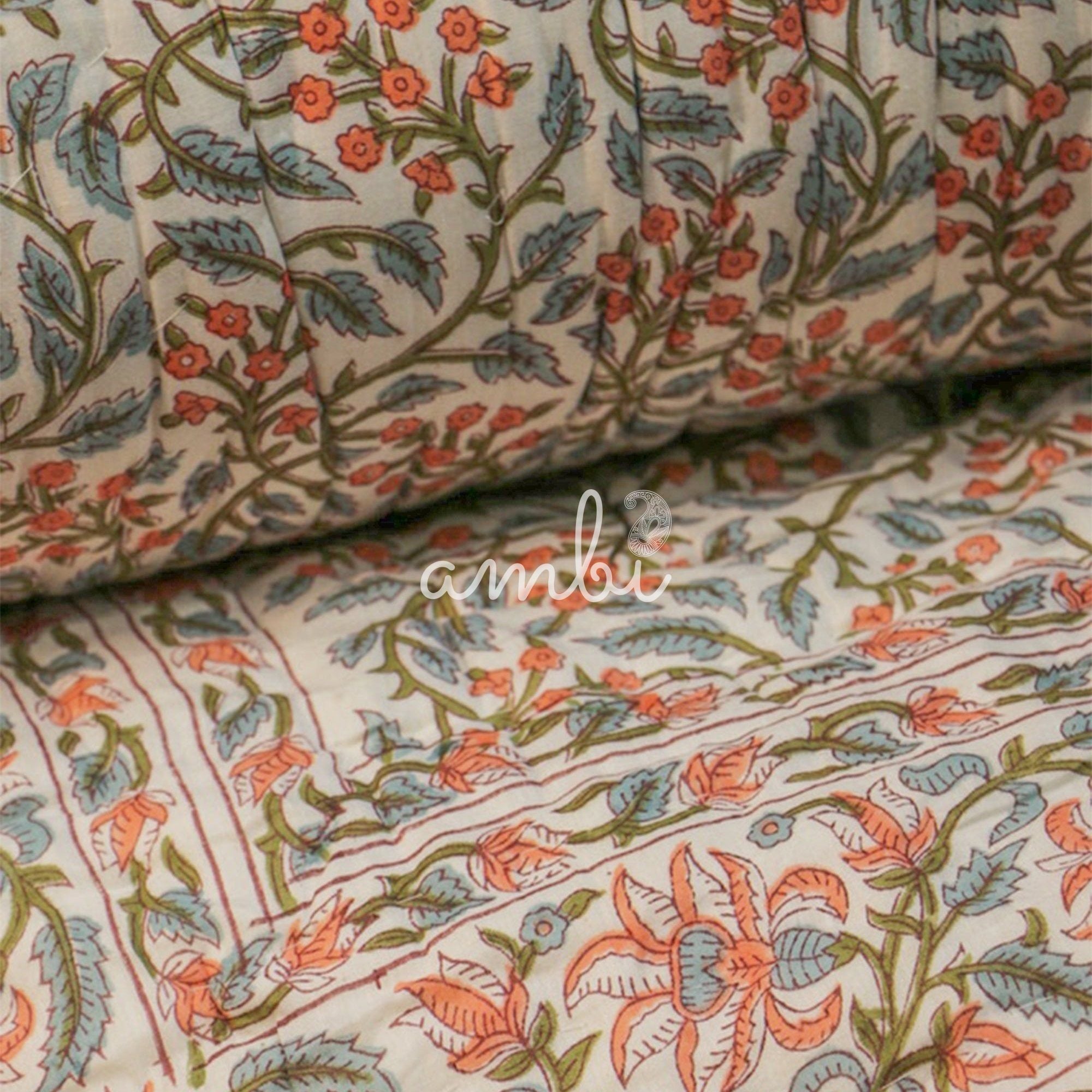 2026 Collection - Pink Flowers Hand Block Printed Jaipuri Rajai Quilt- Double - 90X108 Inches