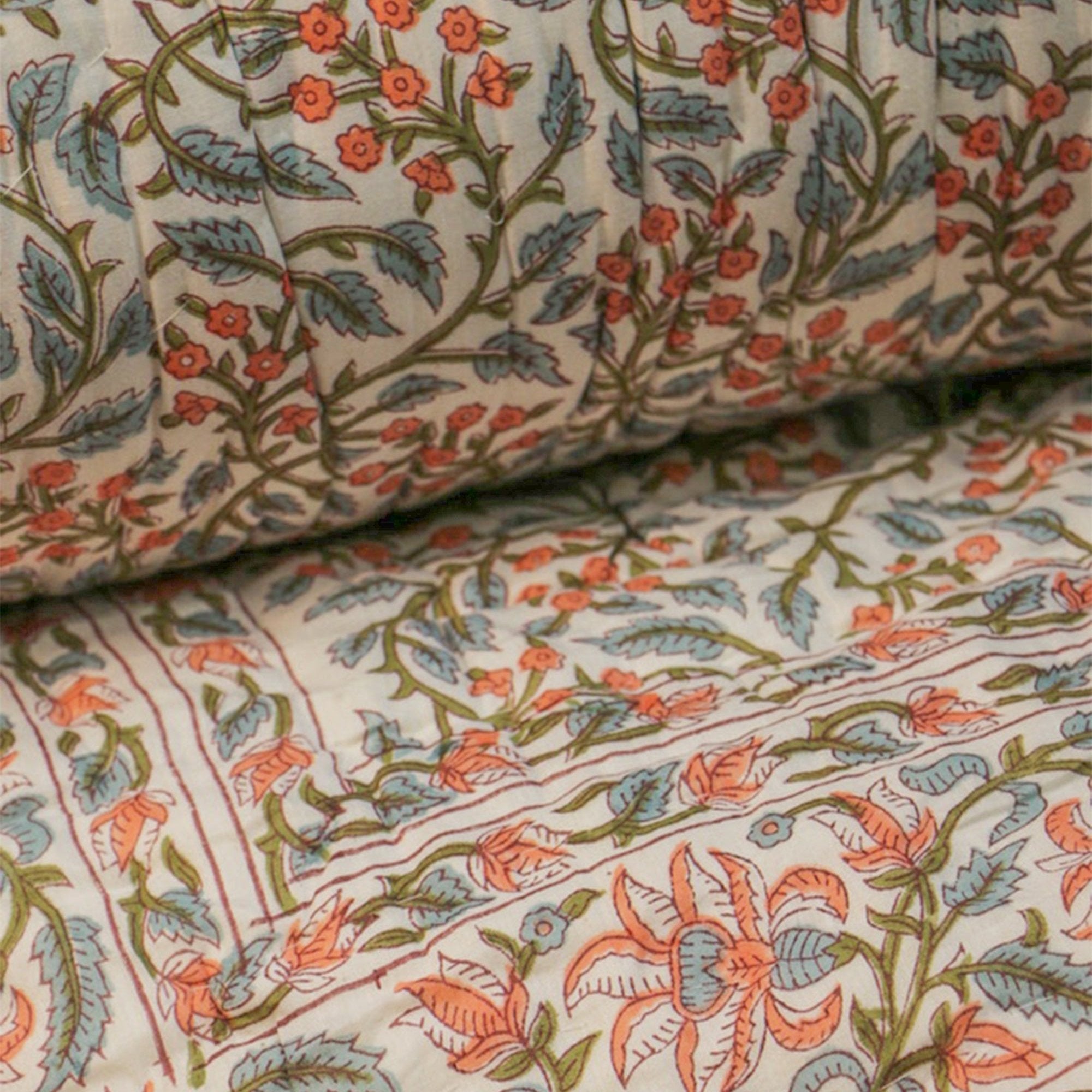 2026 Collection - Pink Flowers Hand Block Printed Jaipuri Rajai Quilt- Double - 90X108 Inches