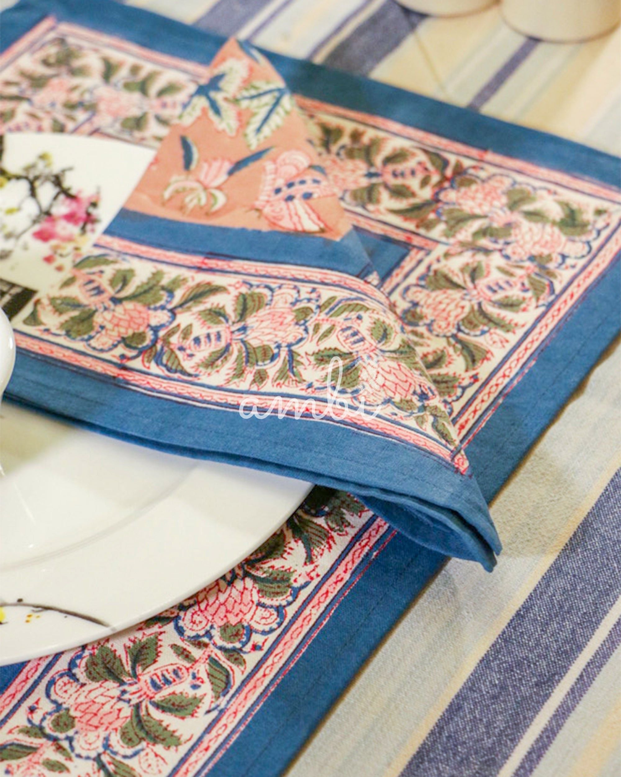 2026 Collection - Hand Block Printed 6 Table Mats + 6 Table Napkins