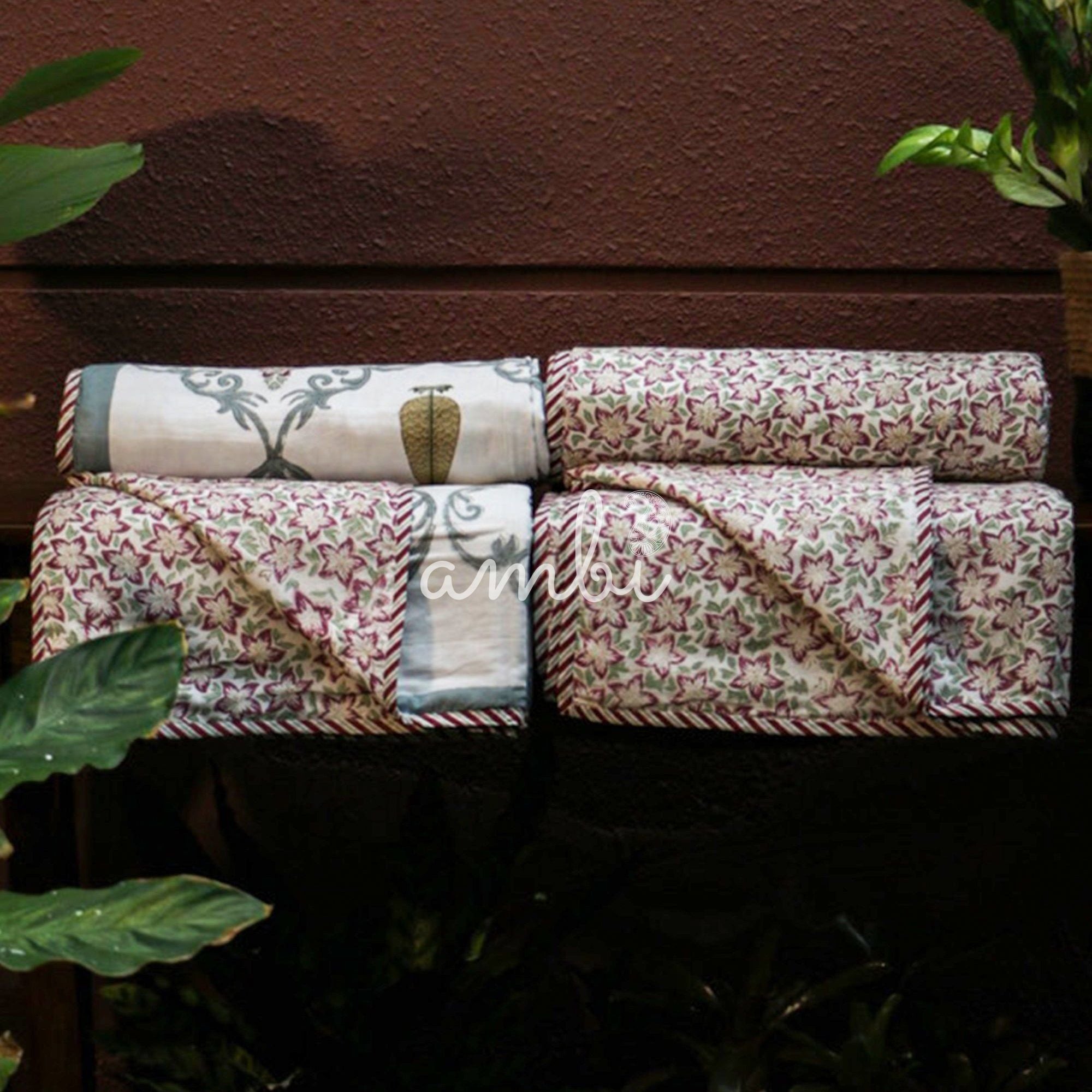 2026 Collection - White Floral Jaipuri Floral Mulmul Triple Layer Reversible Dohar (Single Bed, Pair of 2) - 60X90 Inches