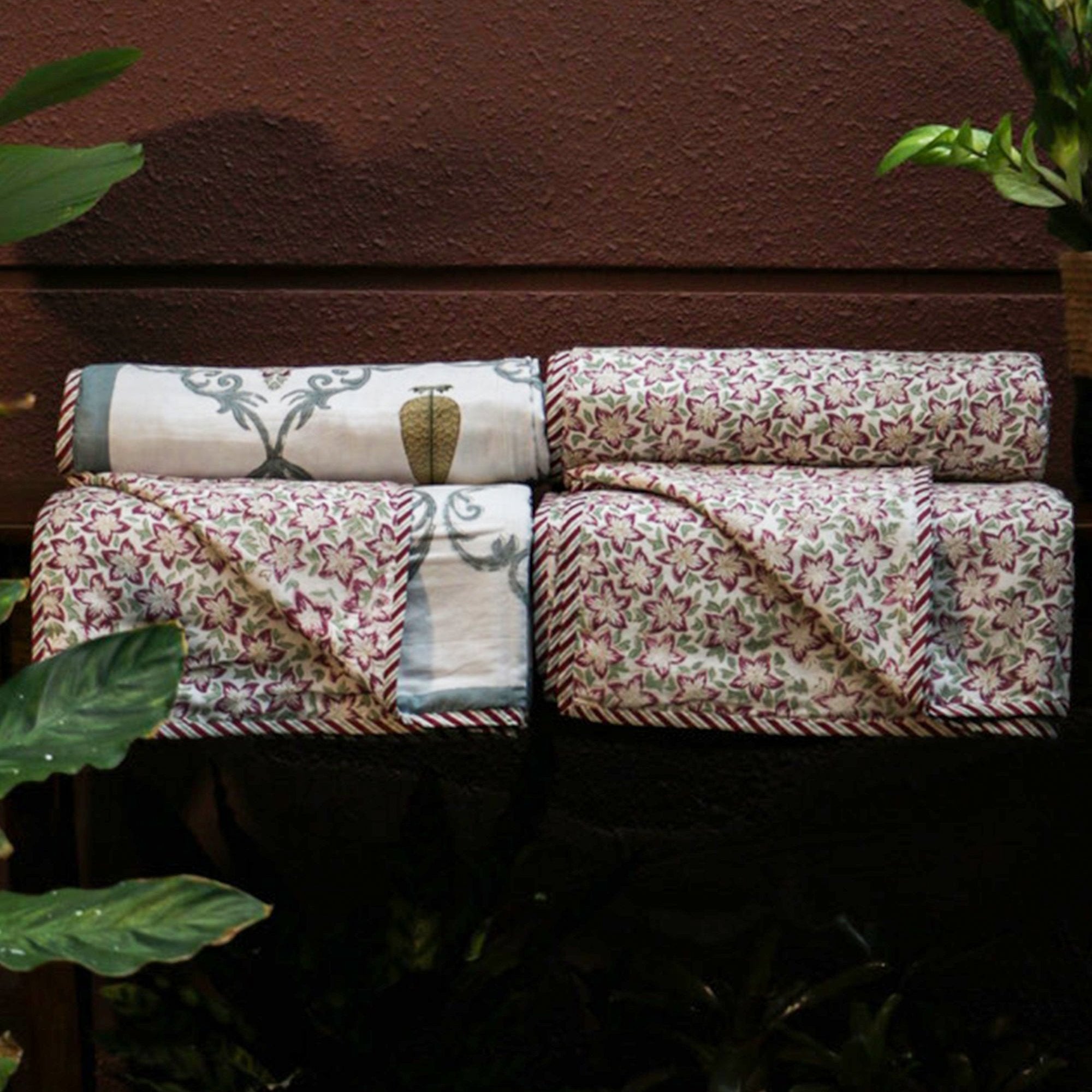 2026 Collection - White Floral Jaipuri Floral Mulmul Triple Layer Reversible Dohar (Single Bed, Pair of 2) - 60X90 Inches