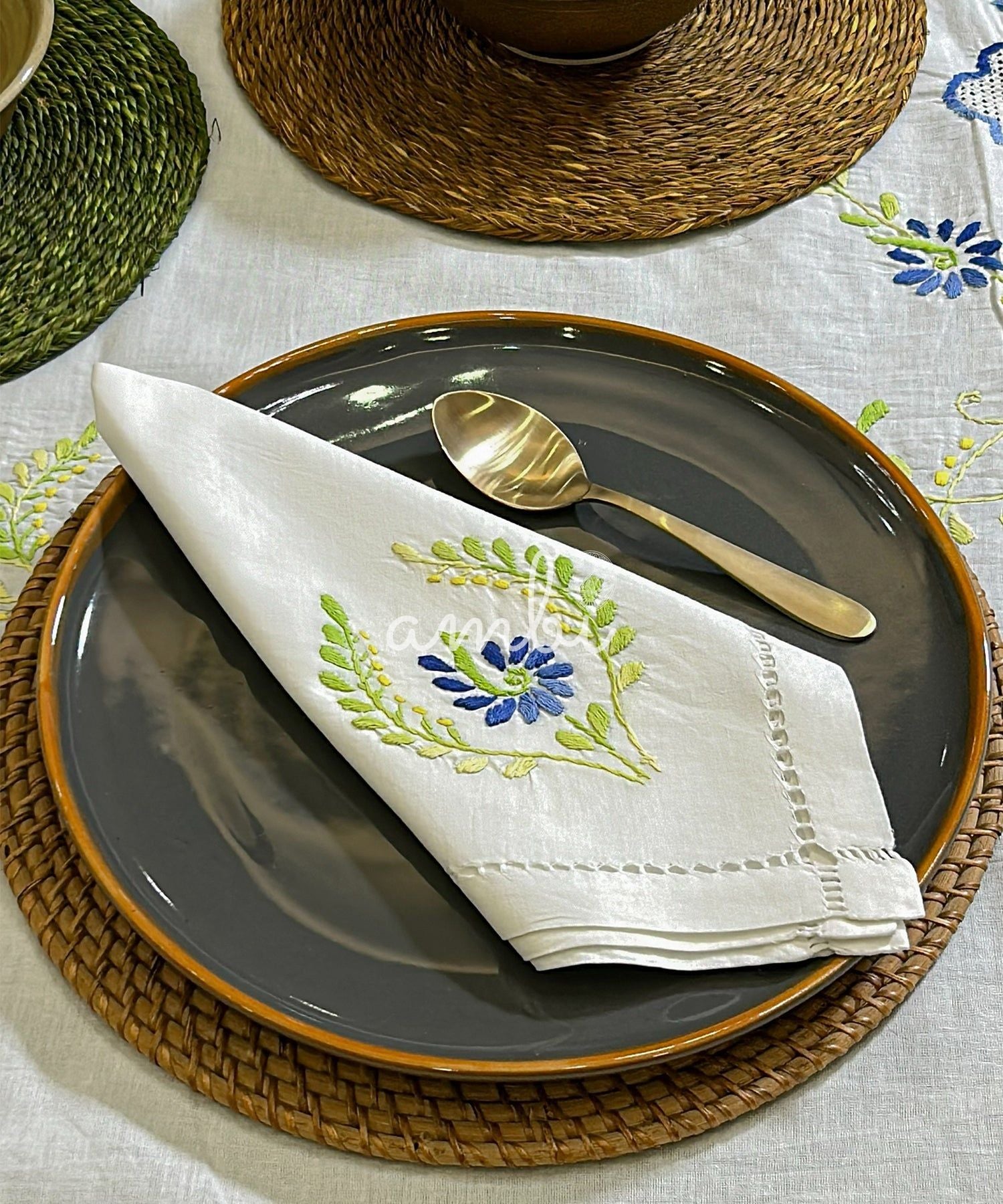 2026 Collection - Hand Embroidered Linen Napkins Green Floral - Set of 4
