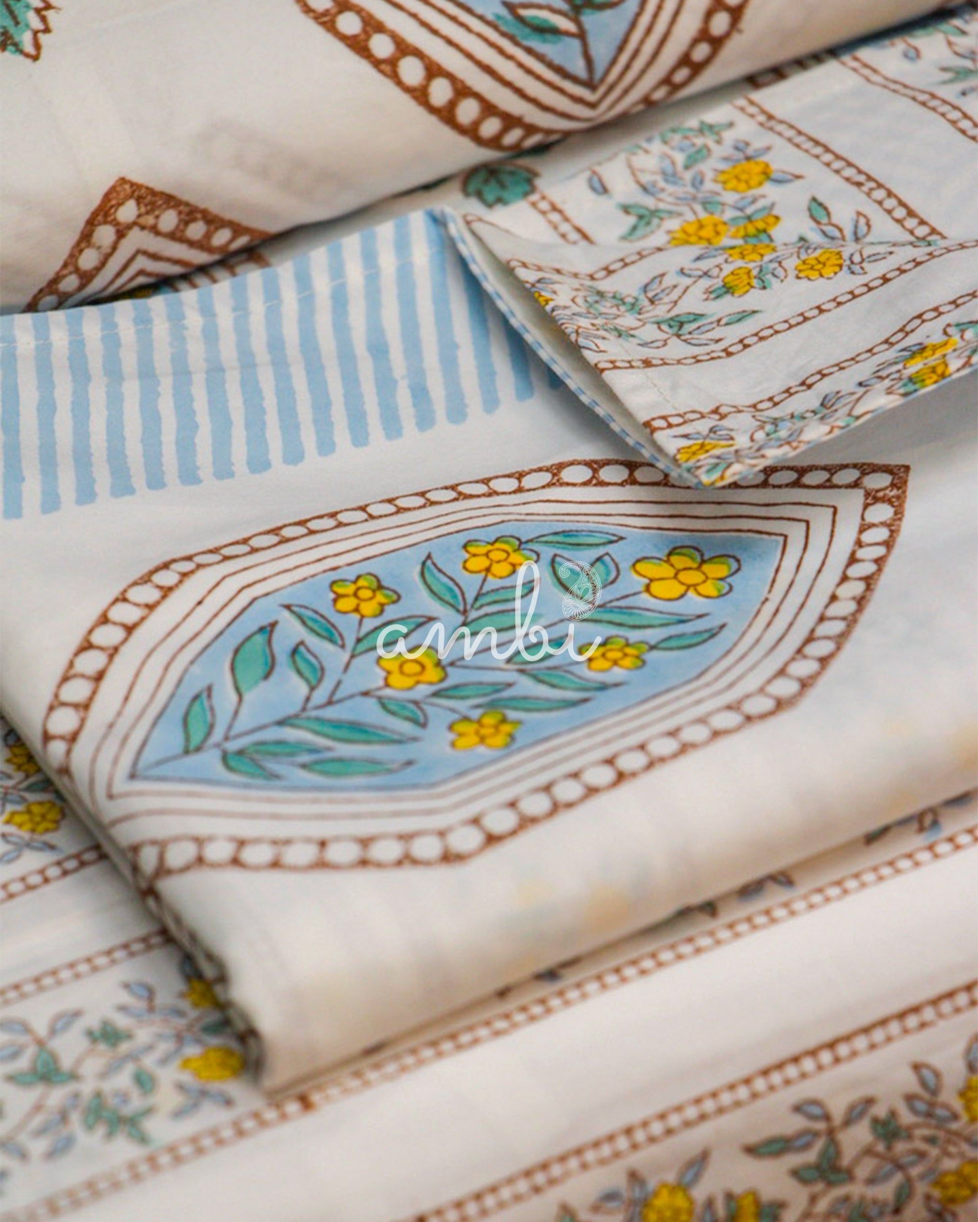 2026 Collection - Bed Sheet - Blue Floral Jaipuri Hand Block Pure Cotton Parkhel Print Double Bedsheet with 2 Pillow Covers - 90X108 Inches